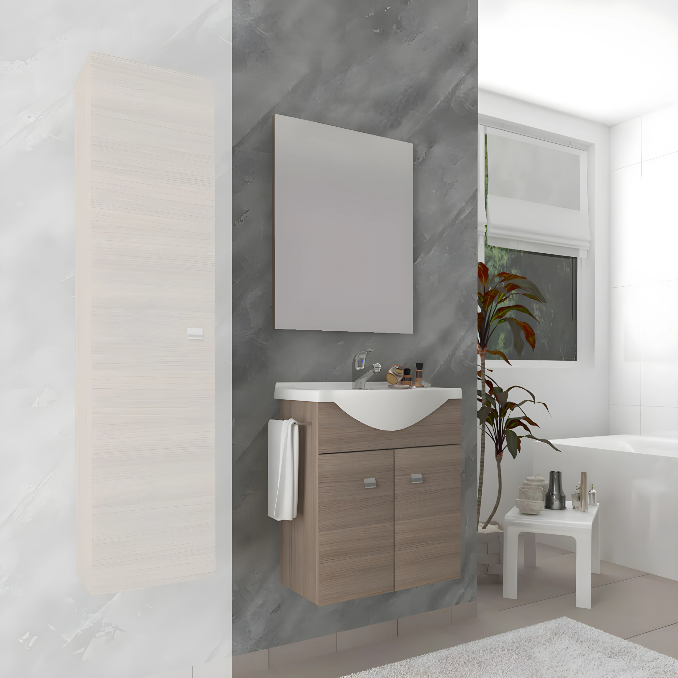 Mobile bagno sospeso "Moa55" con lavabo consolle e ante con maniglie cromate e specchio LED