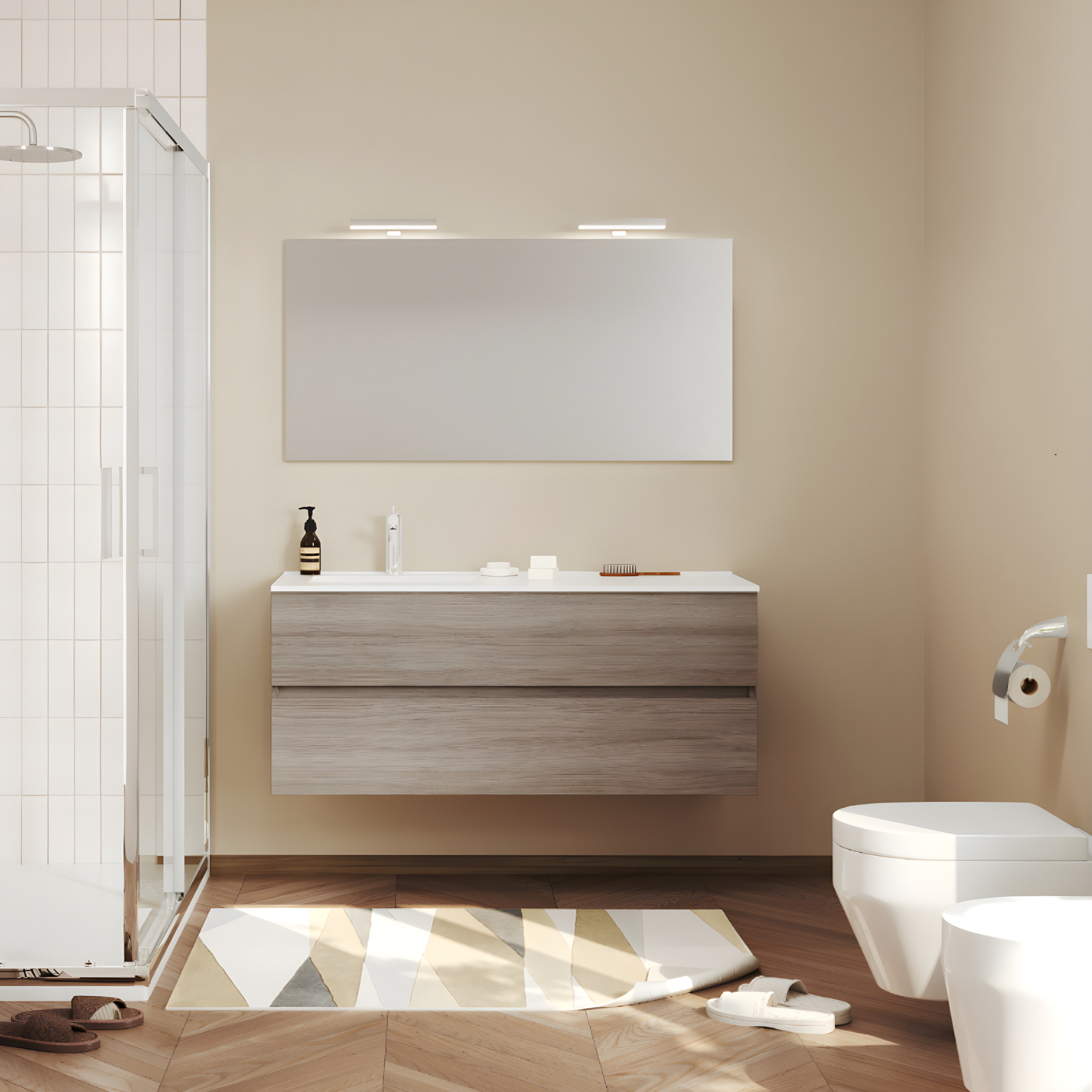 Mobili da bagno sospeso moderno "Tara" con 2 cassetti , lavabo da incasso e specchio LED