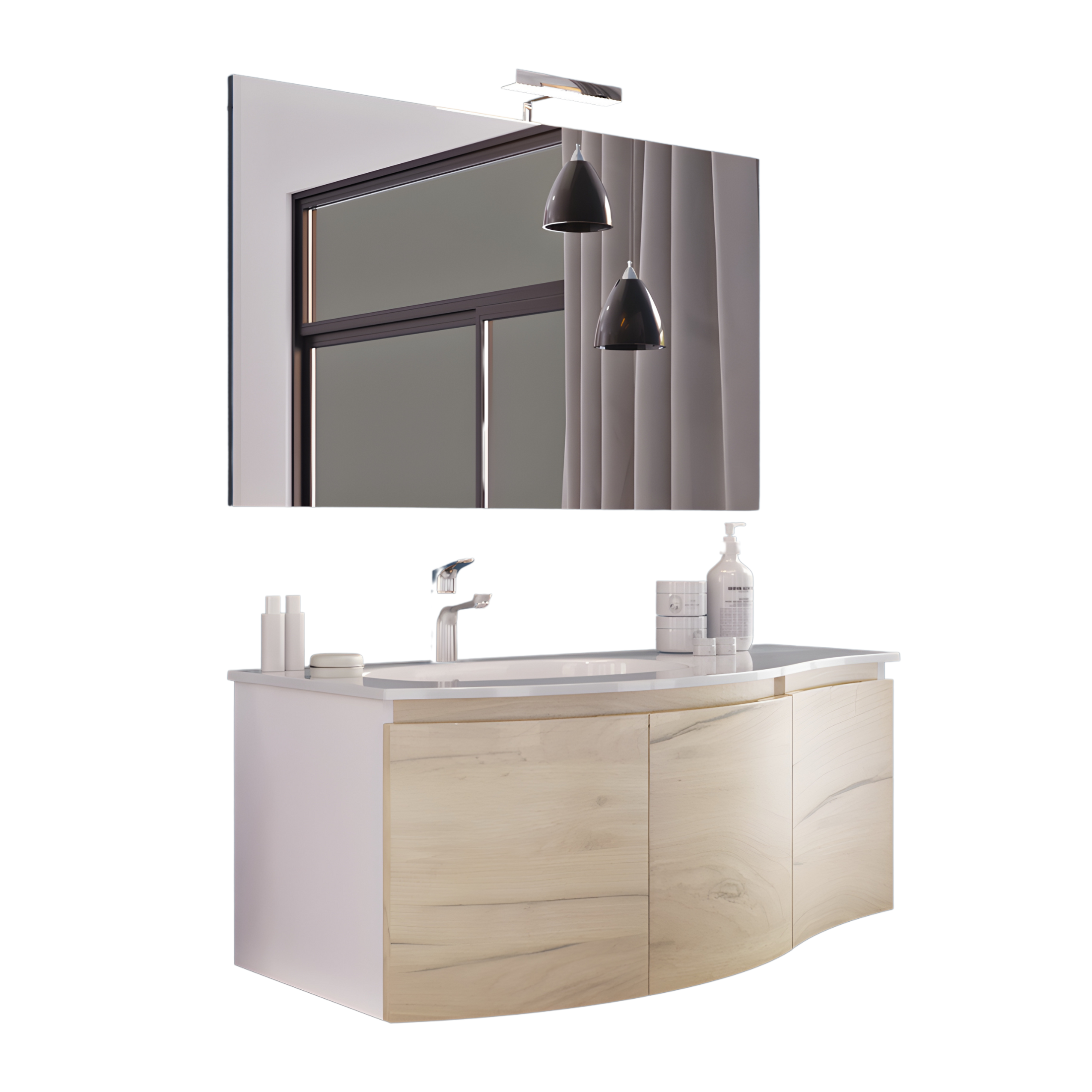 Mobile da bagno sospeso "Malani" 3 ante con specchio LED e lavabo integrato cm 105x50 55h