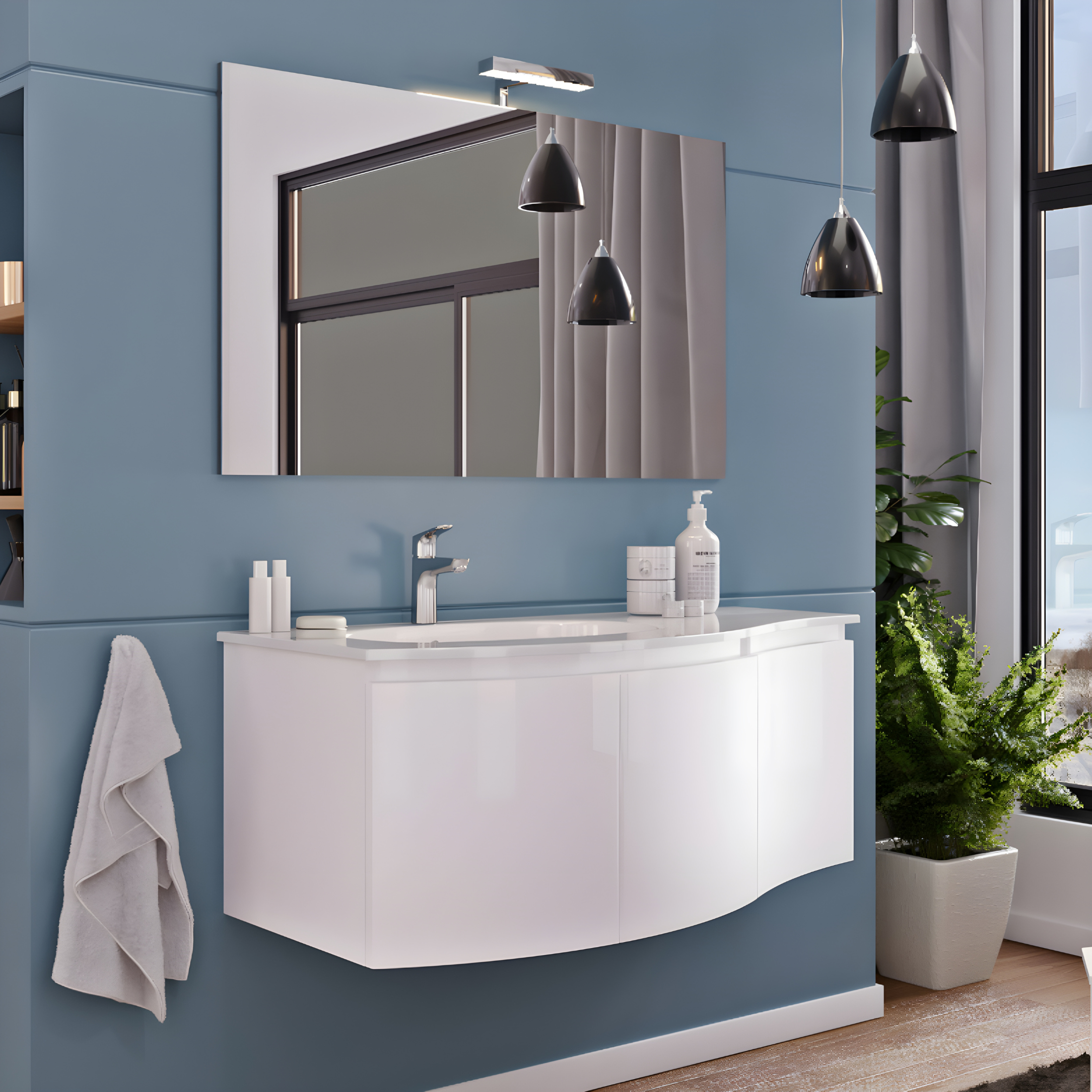 Mobile da bagno sospeso "Malani" 3 ante con specchio LED e lavabo integrato cm 105x50 55h