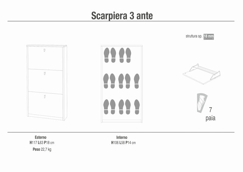 Scarpiera in legno 3 ante "Malta" moderna da ingresso cm 63x18 117h