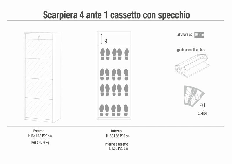 Zapatero con 4 puertas de espejo y 1 cajón de madera "Zoe" 63x29 cm 164h