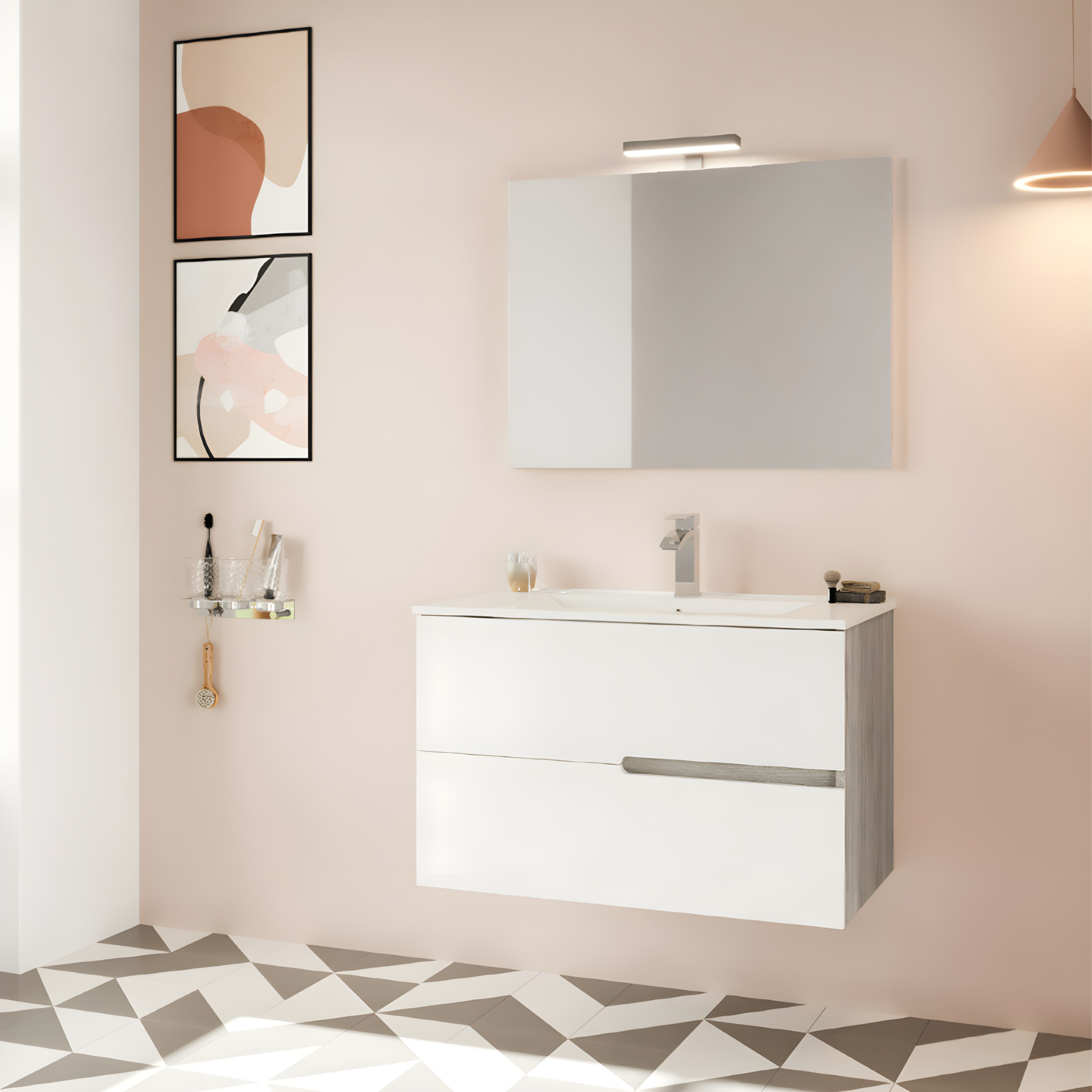 Mobile bagno sospeso moderno "Sara" in legno con 2 cassetti lavabo e specchio LED