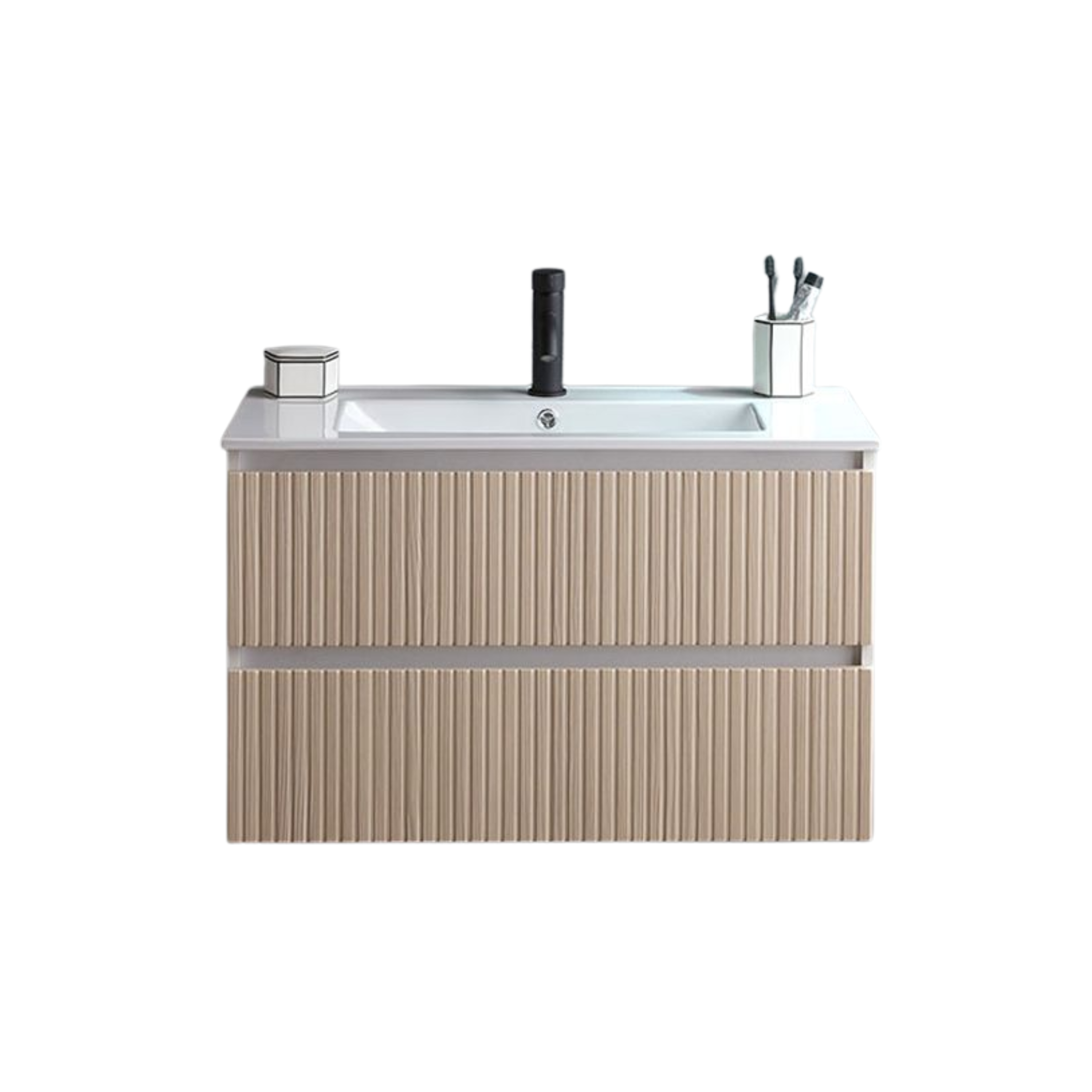Mobile bagno "Santorini" sospeso 80 cm bianco e rovere con frontale cannettato e lavabo in ceramica