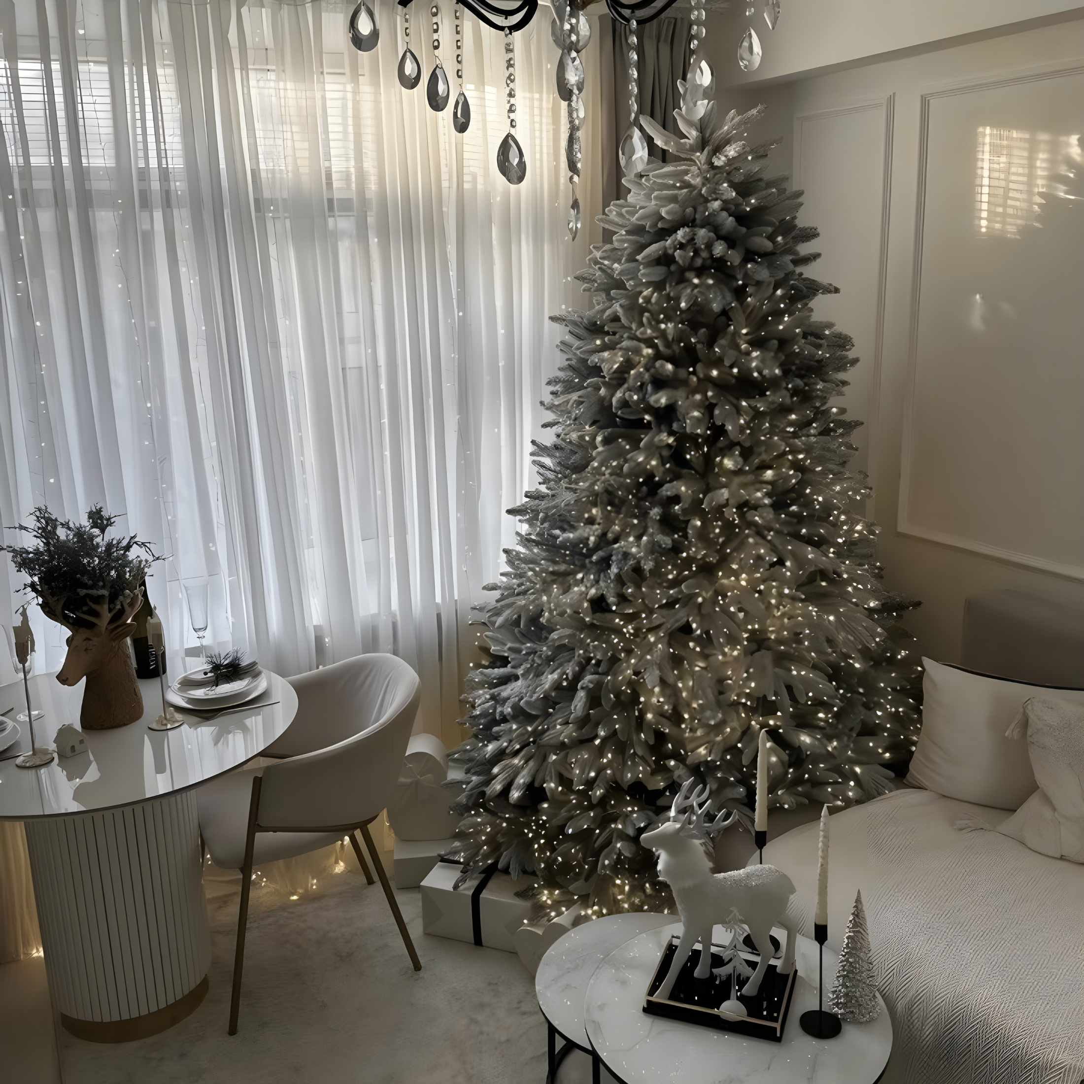 Albero di Natale innevato slim "Cometa" moderno in PE effetto Real Touch + Flock