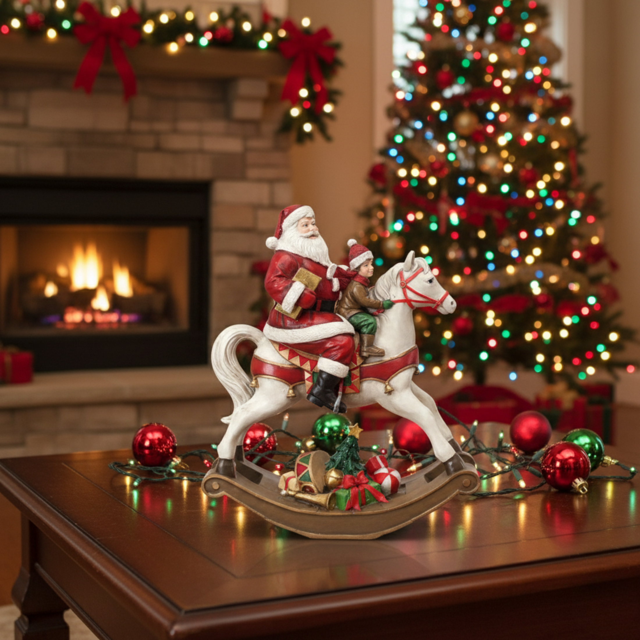 Statuetta cavallo a dondolo con Babbo Natale colori natalizi in poliresina cm 18x8 22h