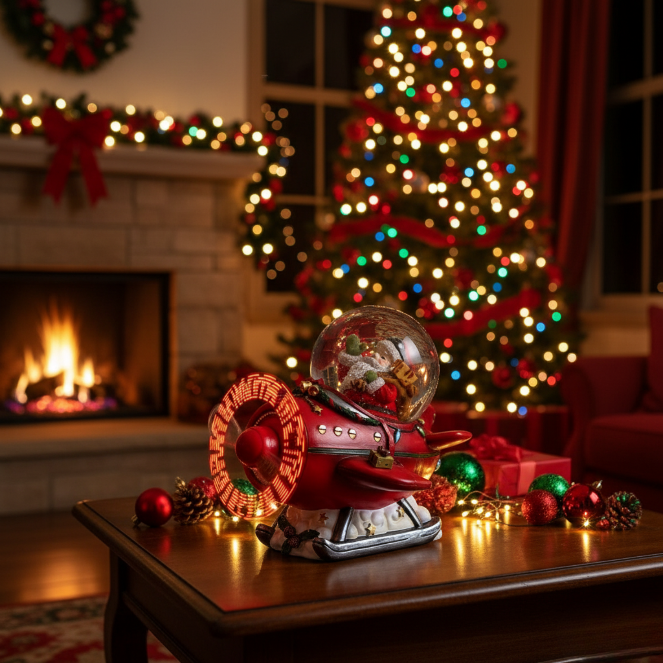 Sfera Natalizia Babbo Natale su aereo con eliche a LED con scritta “Merry Christmas” ed effetto nevicata cm 16x14 15h