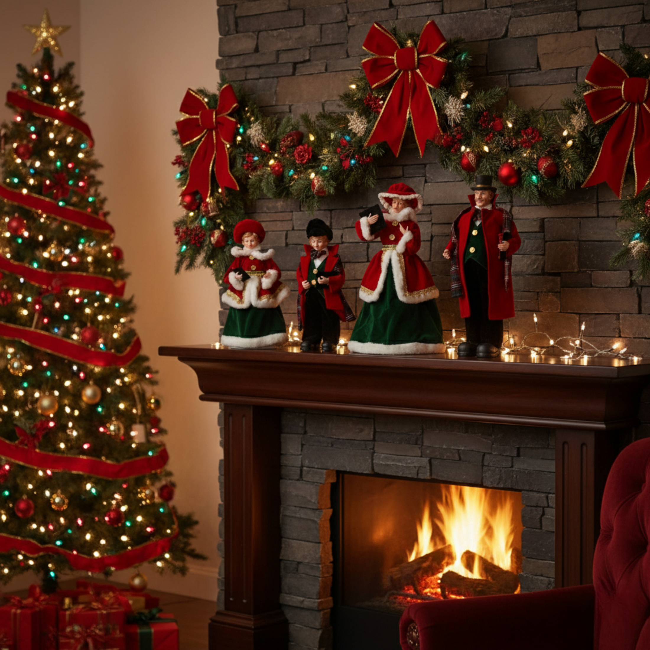 Set da 4 pezzi di famiglia natalizia in rosso e verde cm 30/40h