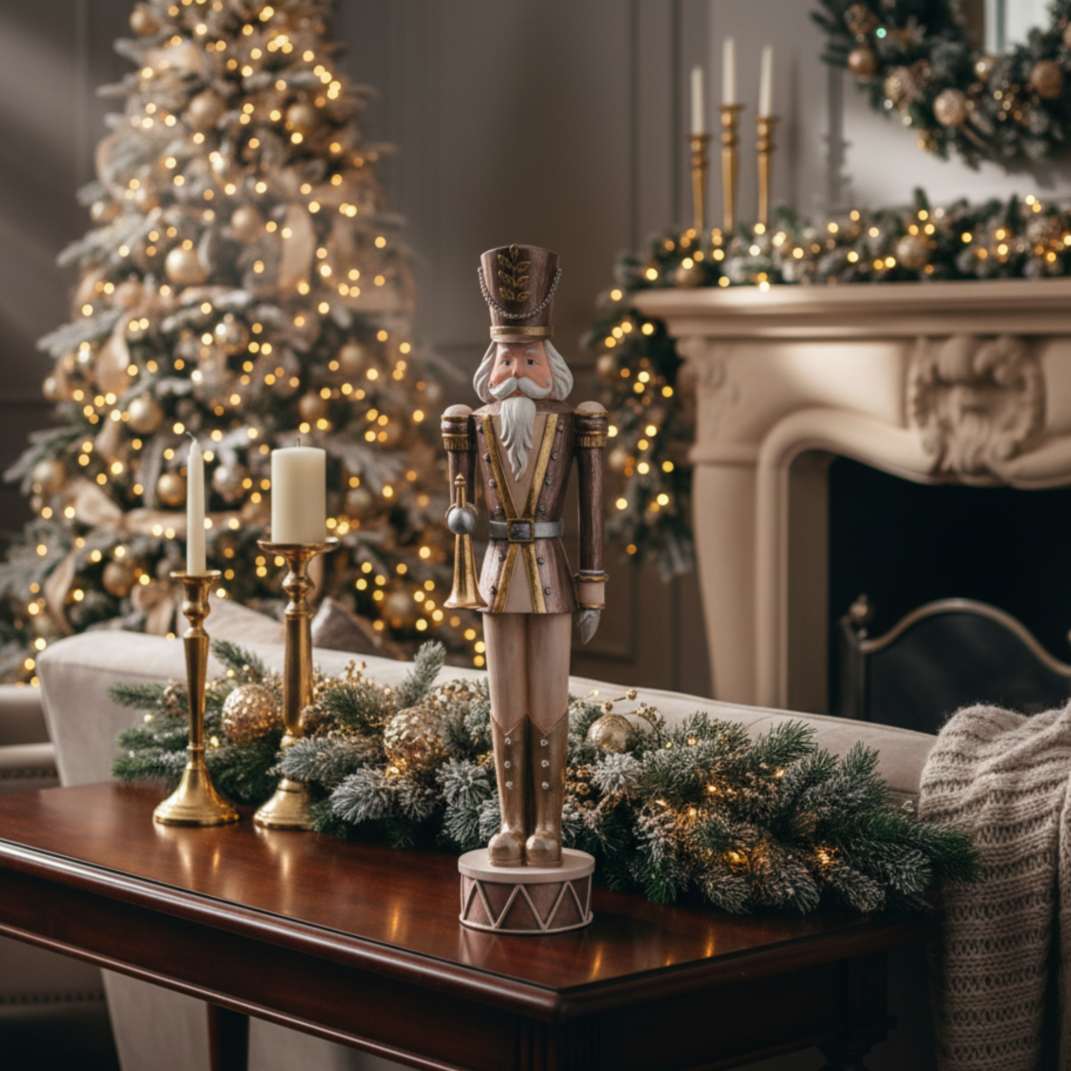 Statuetta soldato schiaccianoci con trombetta, decorazione natalizia elegante cm 52h