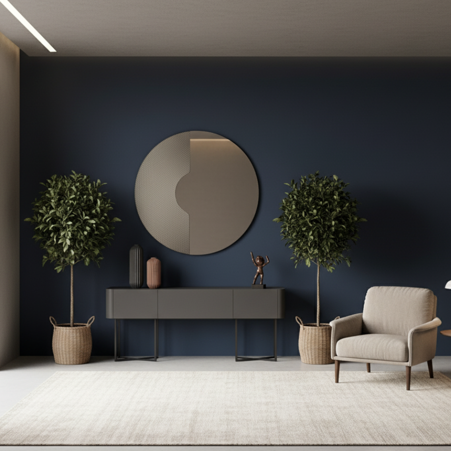 Specchio da parete tondo "Ilia" con inserto a rete per ambienti moderni