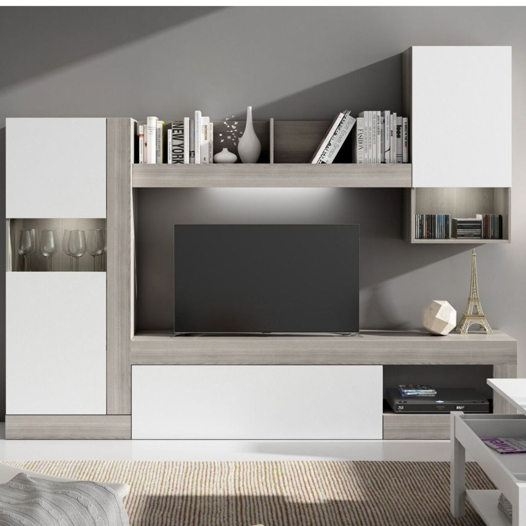 Kit Parete Living Roomy in legno rovere nodoso bianco da soggiorno