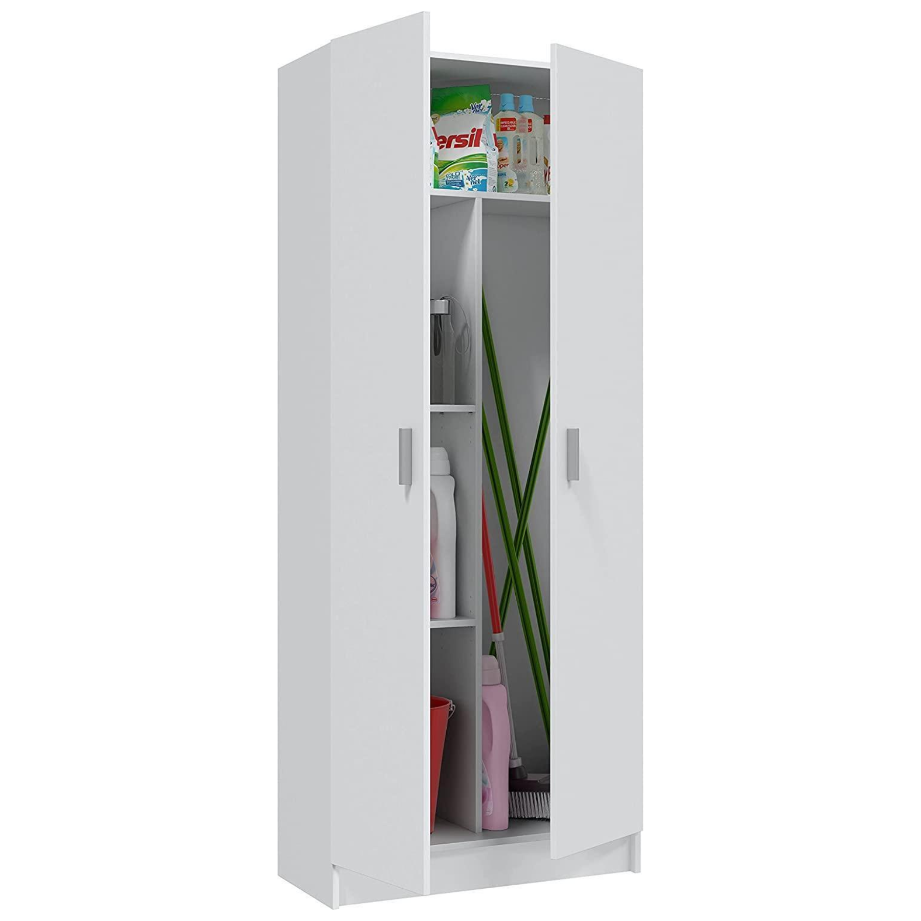 Kit armoire polyvalente avec 2 portes en bois blanc, porte-balai, 73x37 cm, 180h