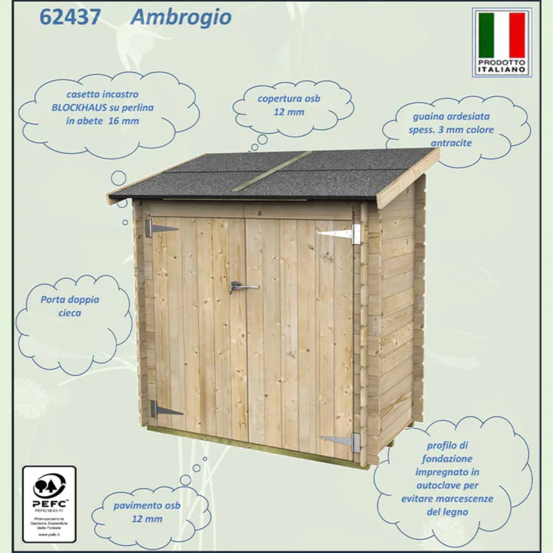 Caseta de jardín de madera "Ambrogio" 155x85 cm 165h puerta doble ciega