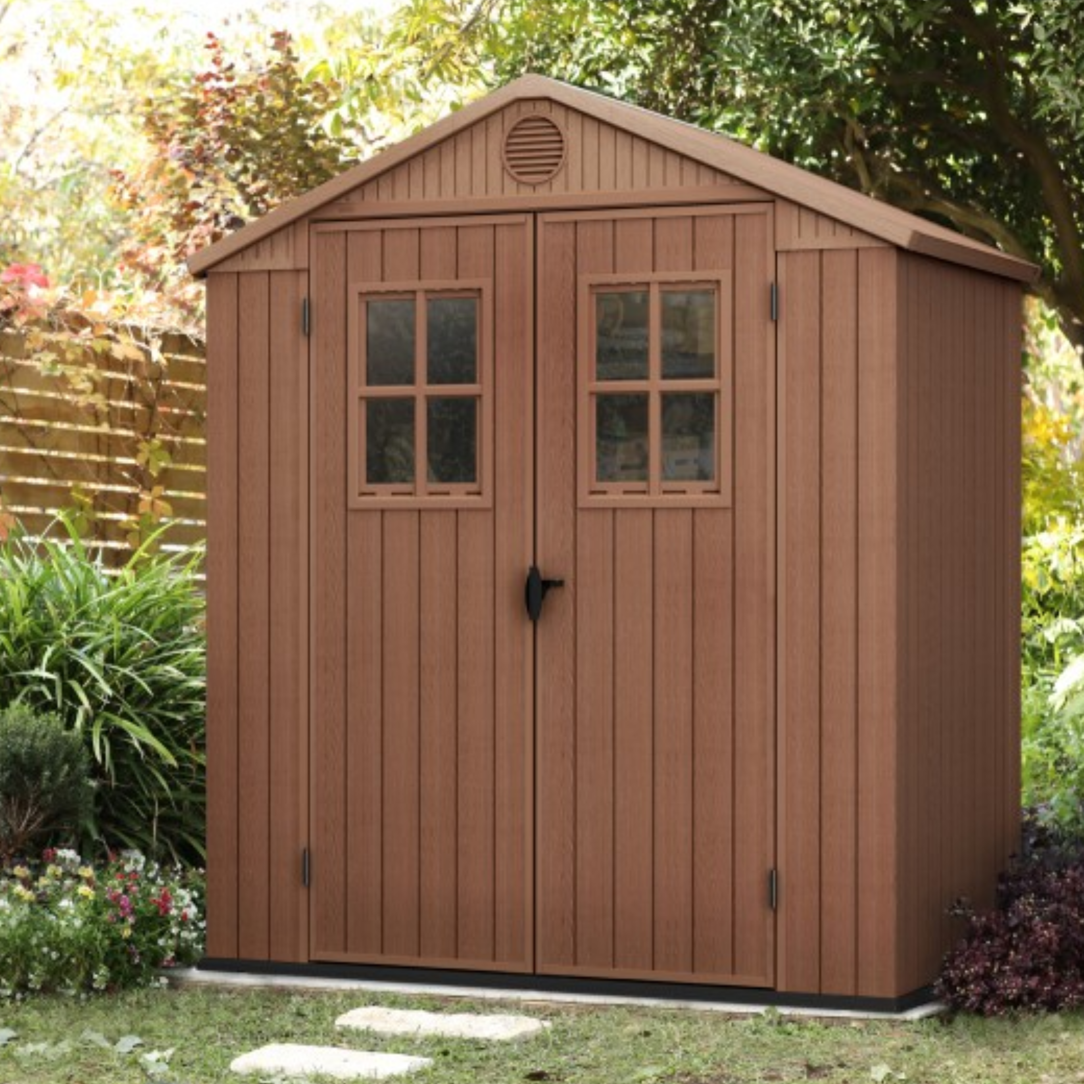 Maison de jardin en résine effet bois marron "Lotus" 2 portes avec 2 fenêtres