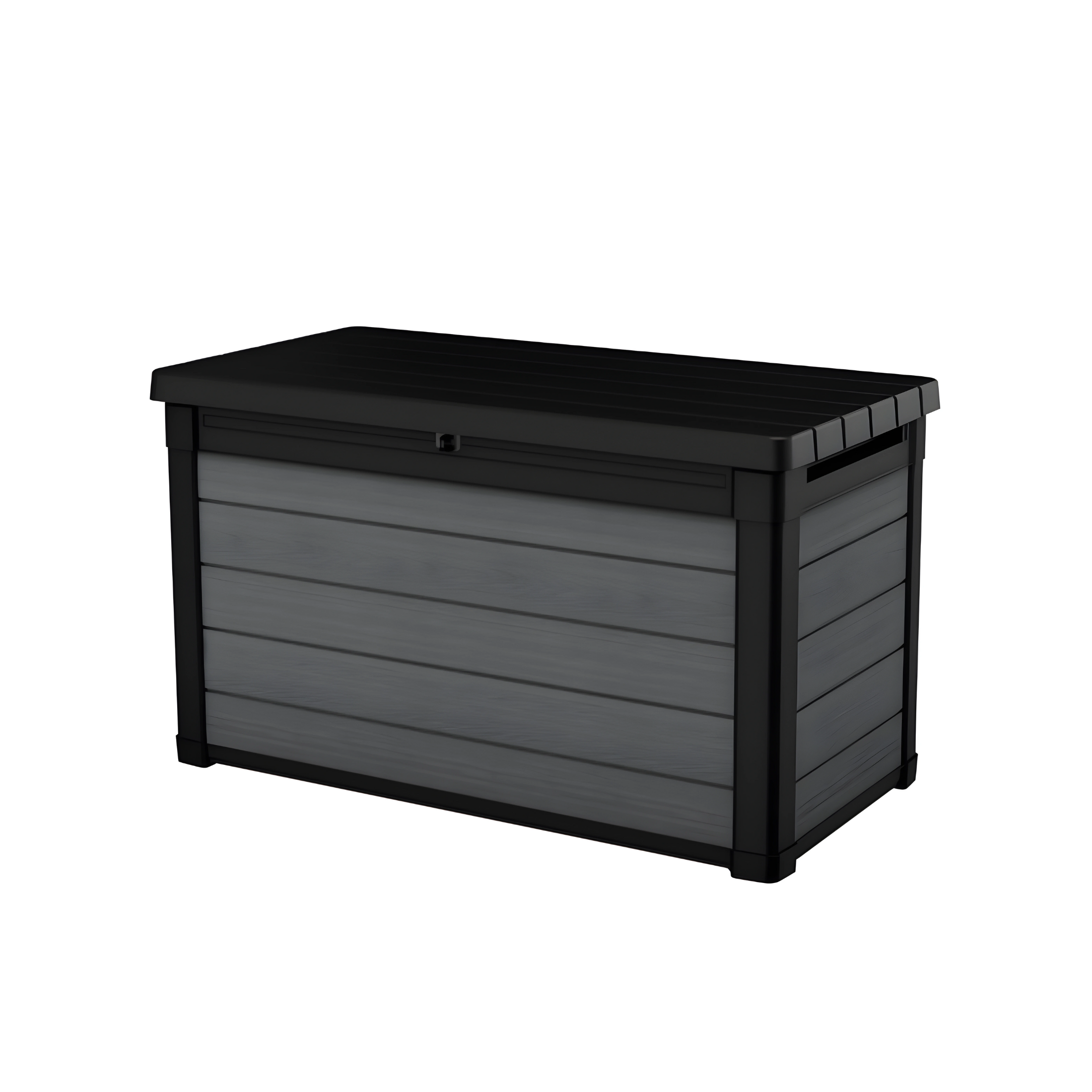 Baúl de exterior en resina "Cortina" negra efecto madera, espacioso 122,9x62,1 cm 70,6h