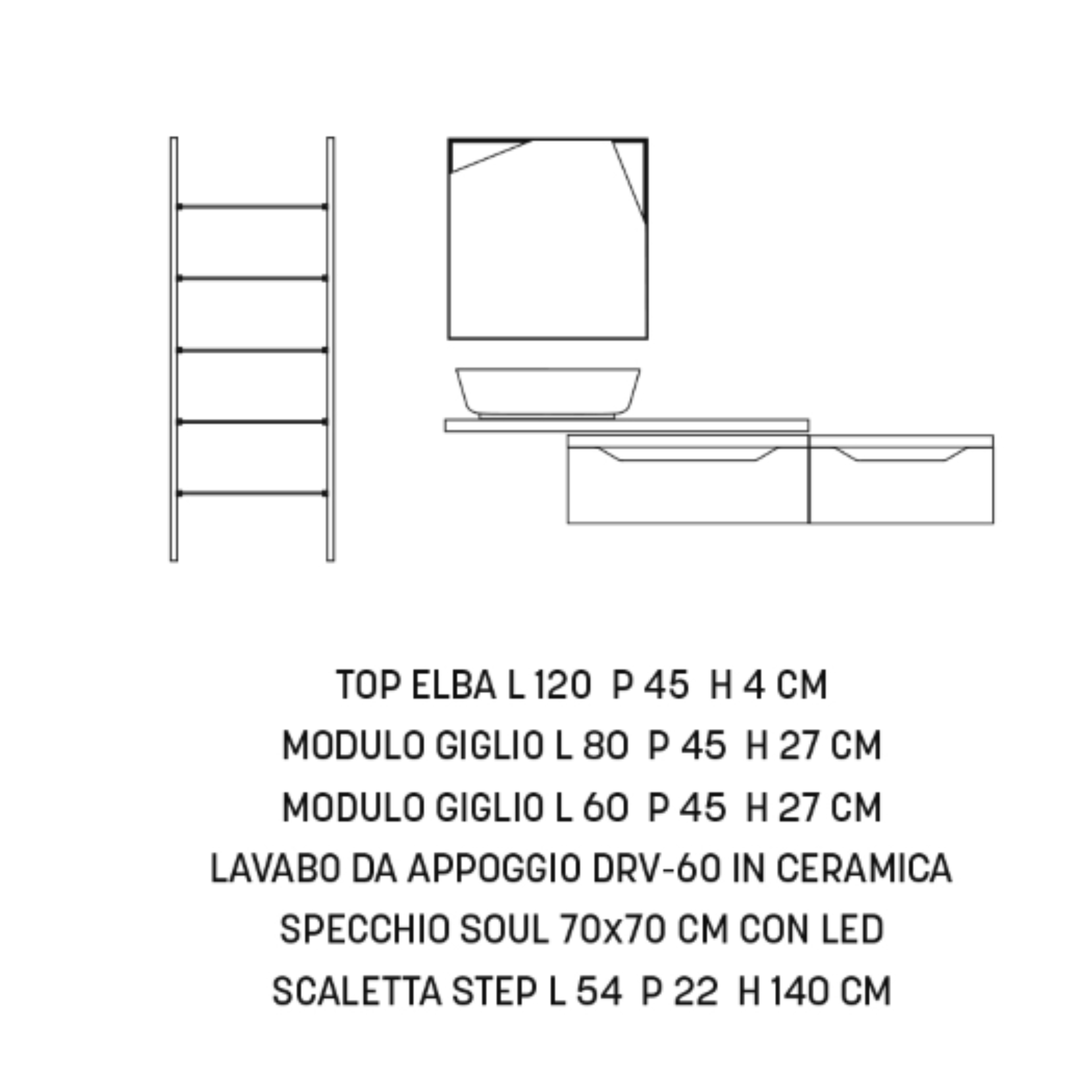 Mobile bagno sospeso "Lotus" 2 cassetti specchio lavabo Top scaletta step