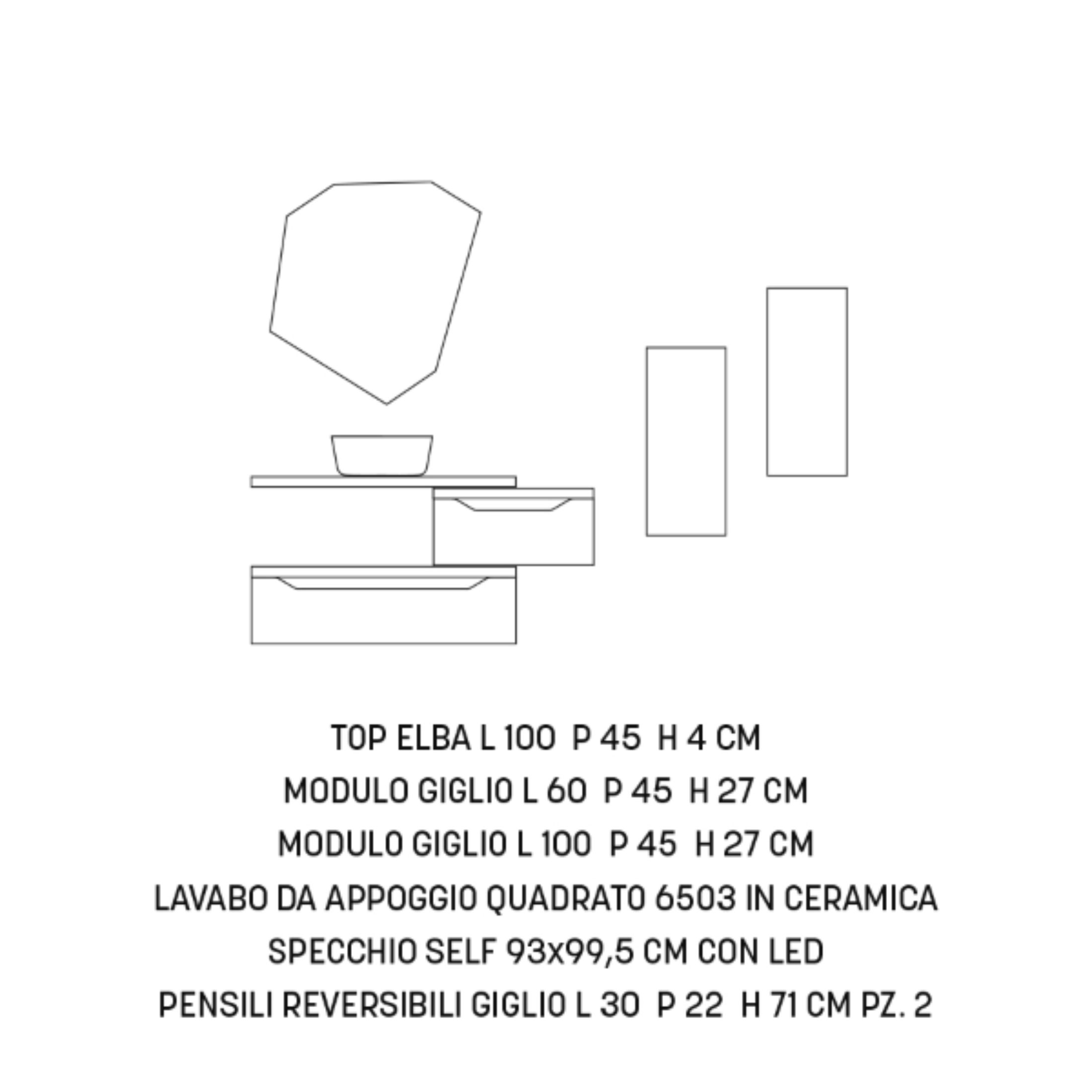 Mueble de baño suspendido "Mixi e" 2 cajones 2 columnas lavabo sobre encimera con espejo LED