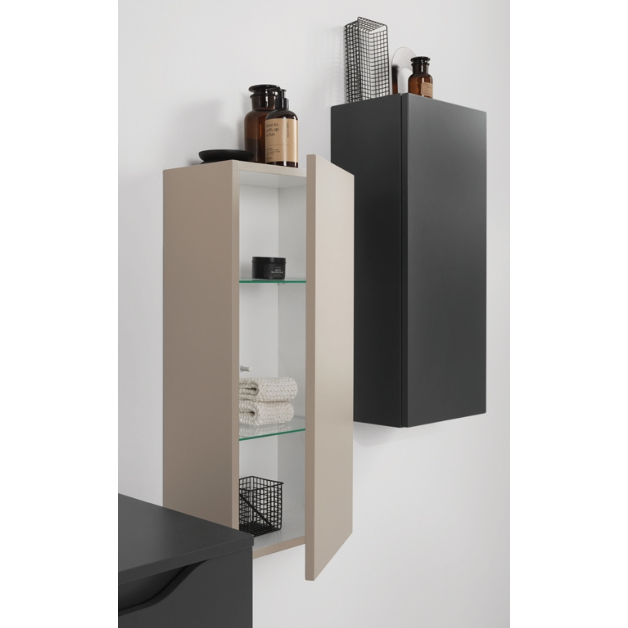 Mueble de baño suspendido "Mixi e" 2 cajones 2 columnas lavabo sobre encimera con espejo LED