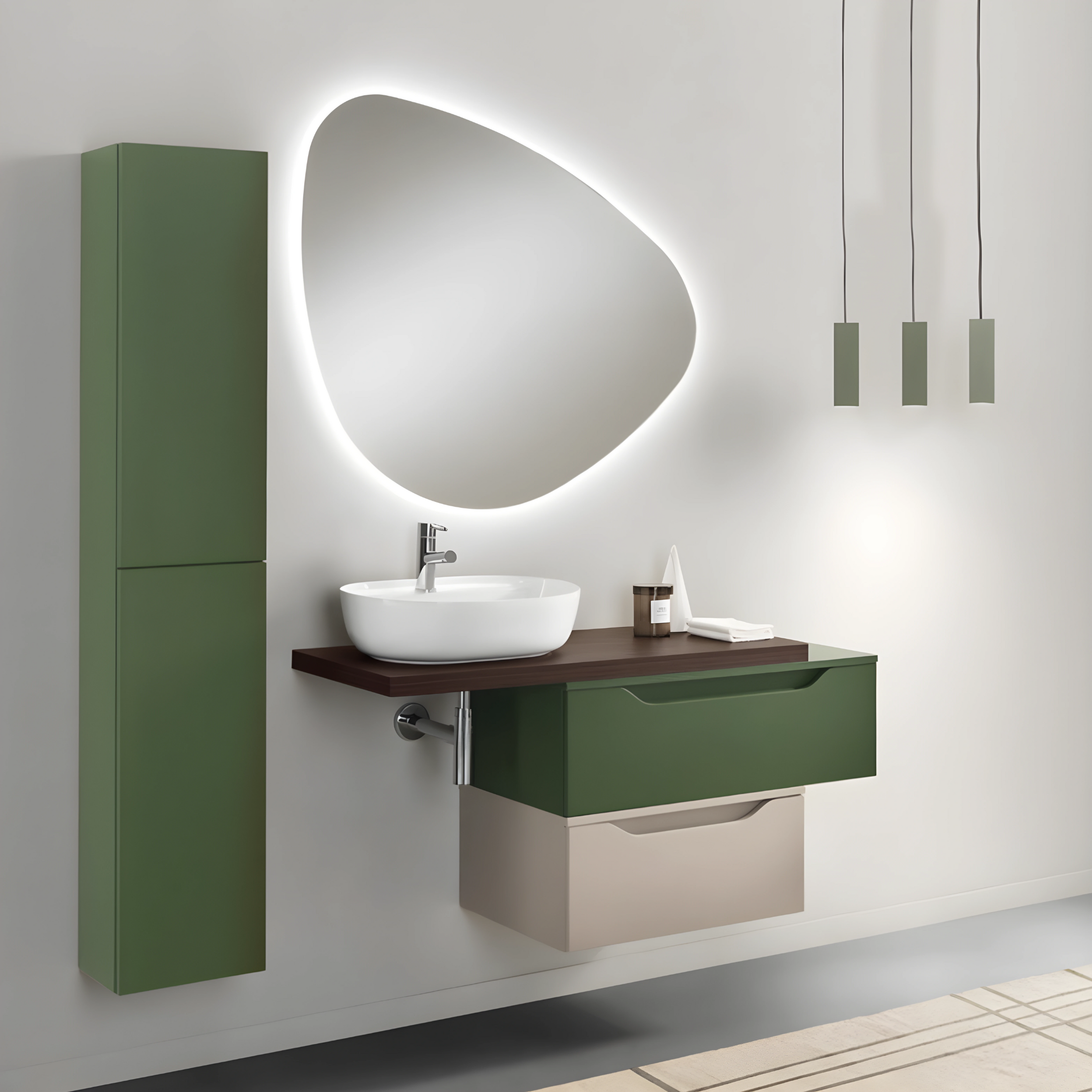 Mueble de baño suspendido ya montado "Mixi b" 2 cajones, espejo led, lavabo y columna
