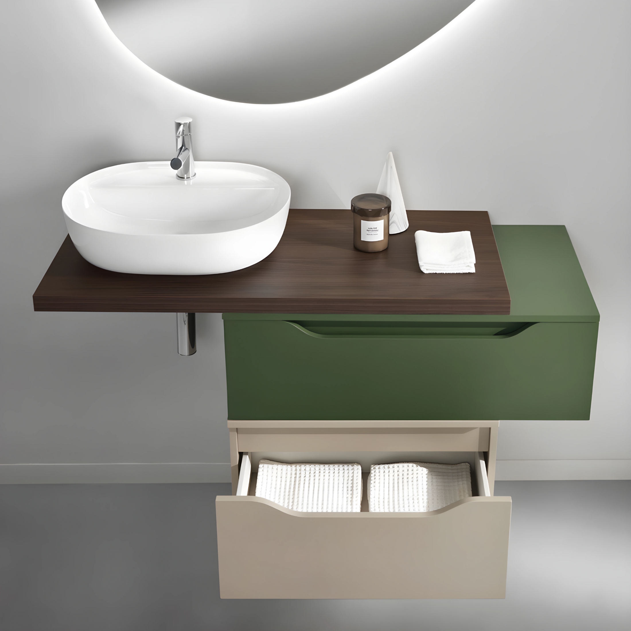 Meuble de salle de bain suspendu déjà assemblé "Mixi b" 2 tiroirs, miroir led, vasque et colonne