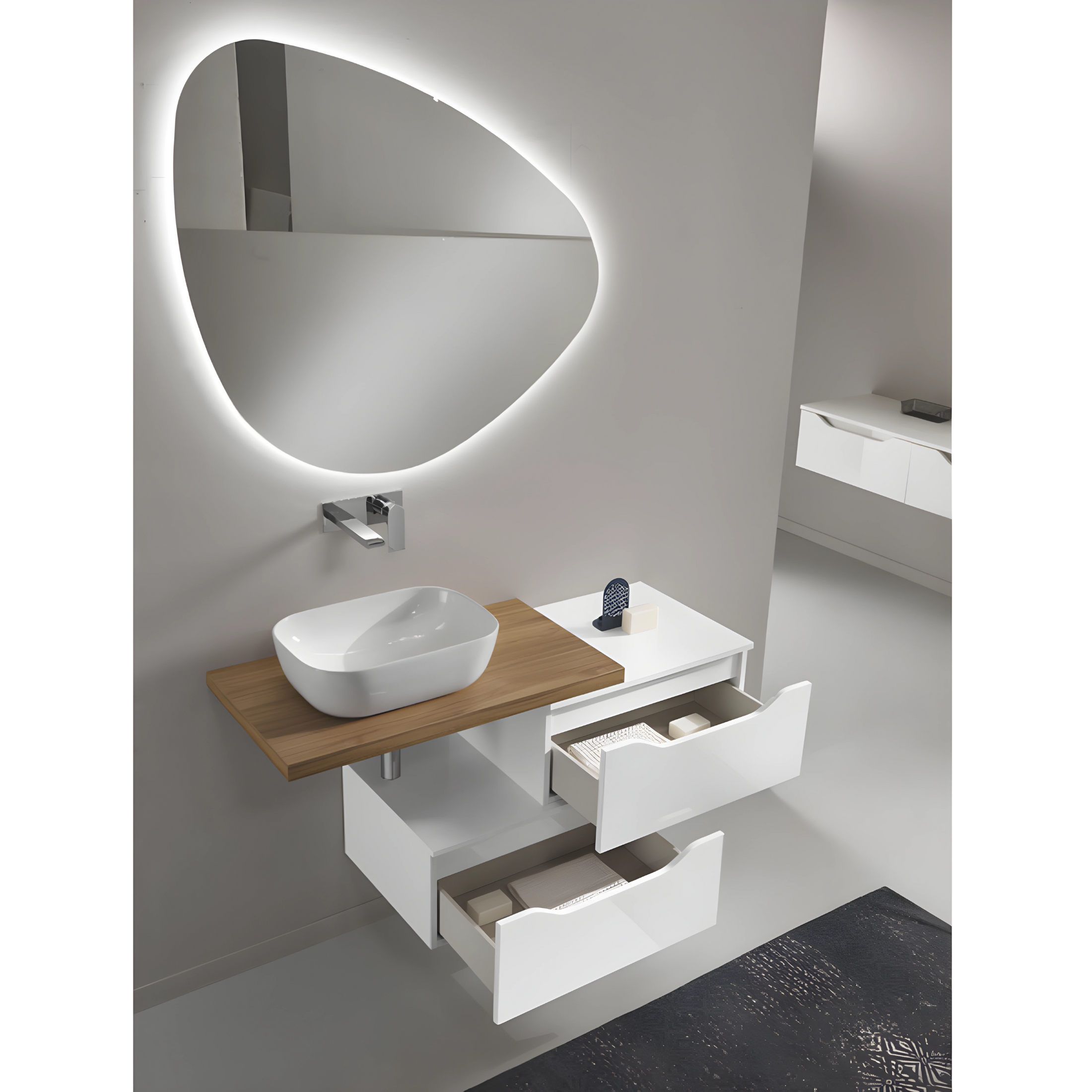 Meuble de salle de bain suspendu "Mixi c" 2 tiroirs 2 colonnes vasque à poser miroir LED