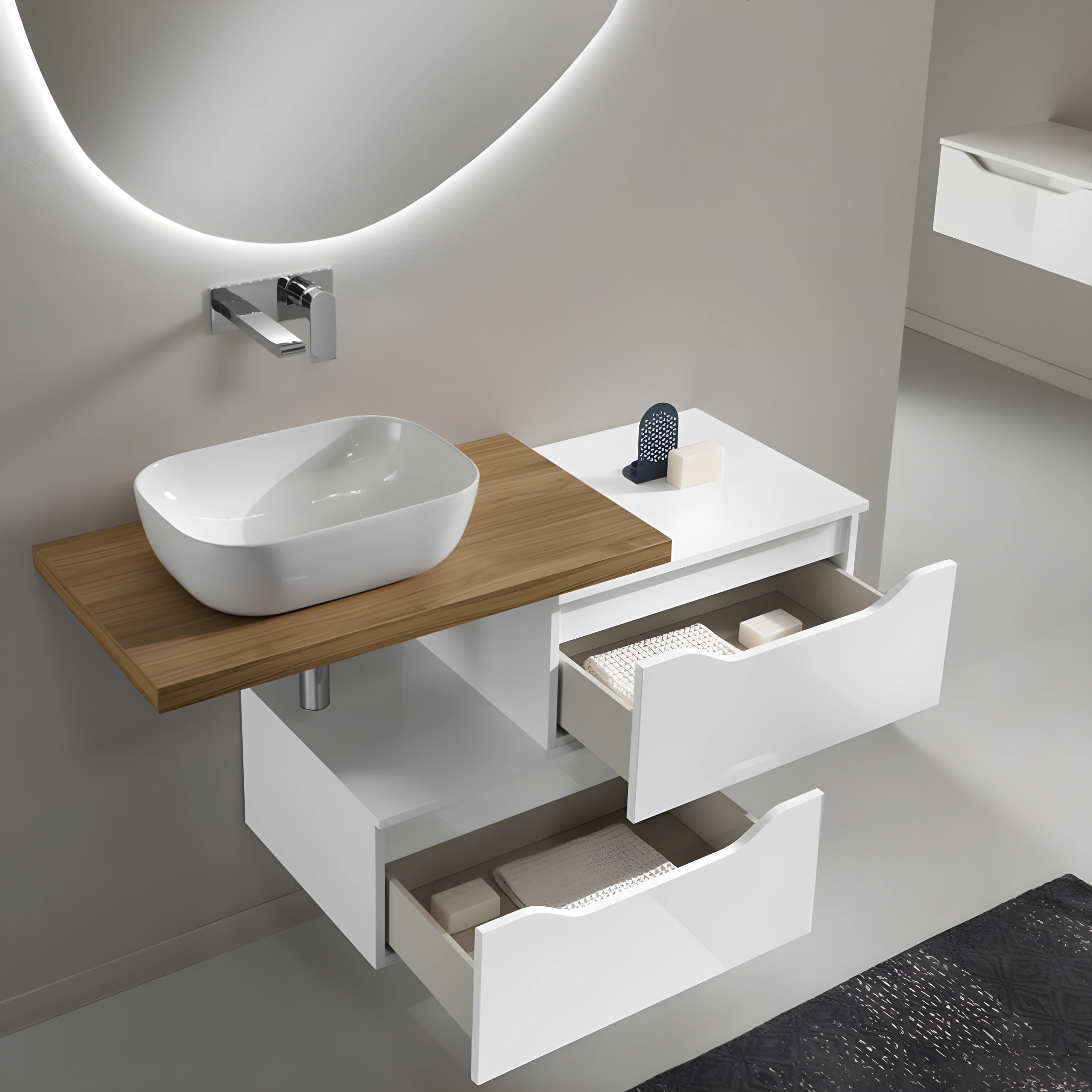 Mueble de baño suspendido "Mixi c" 2 cajones 2 columnas lavabo sobre encimera espejo LED