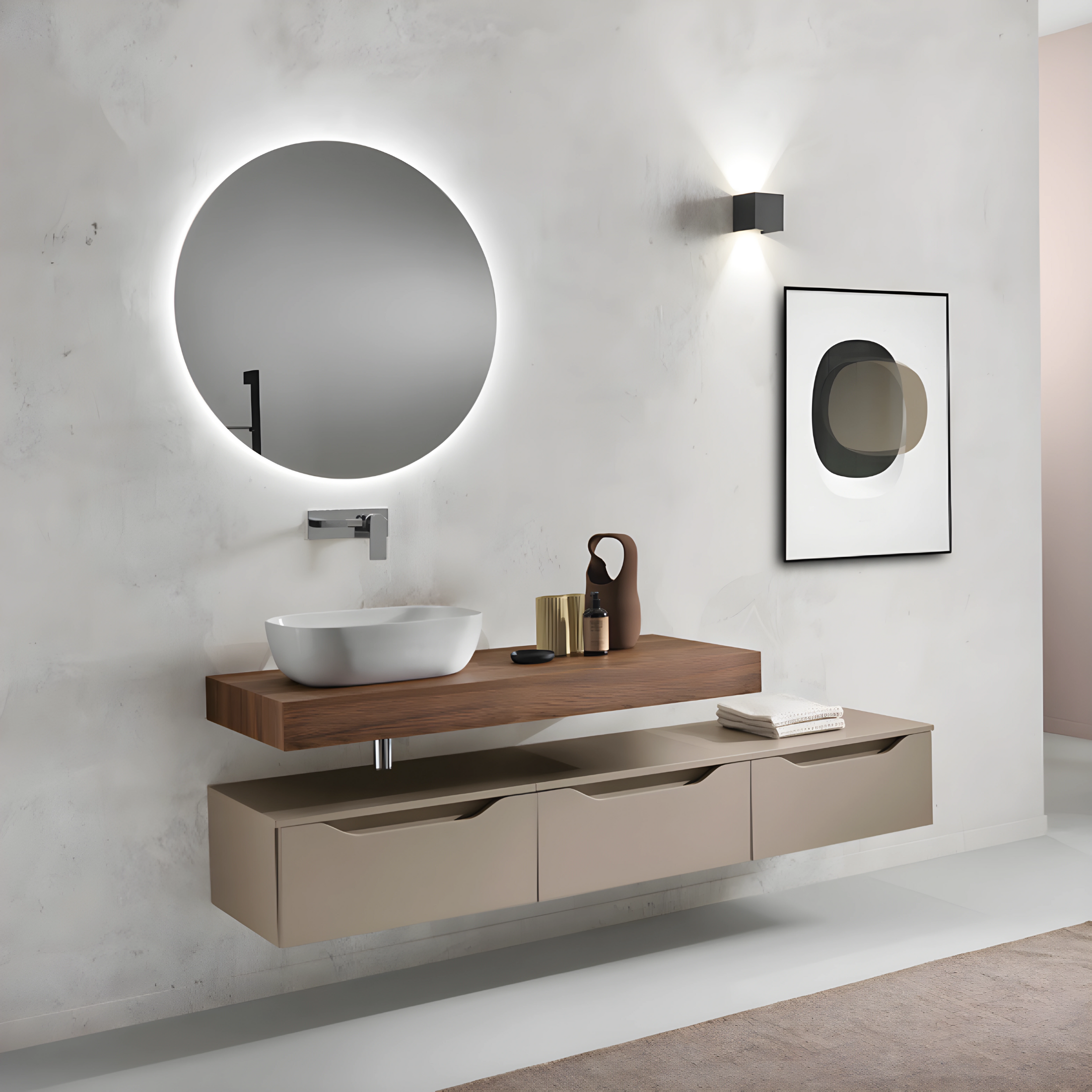 Mueble de baño suspendido moderno "Mixi h" 3 cajones, lavabo sobre encimera, espejo LED