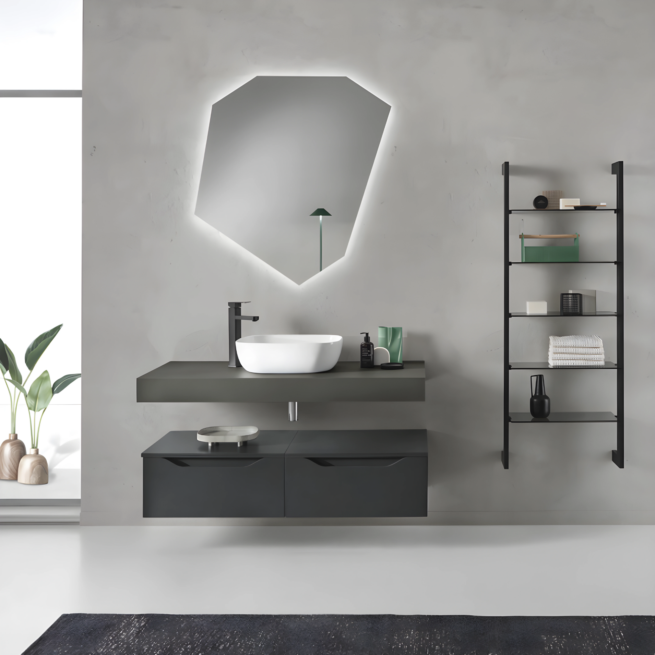 Meuble de salle de bain suspendu "Mixi i" moderne 2 tiroirs miroir lavabo LED escabeau