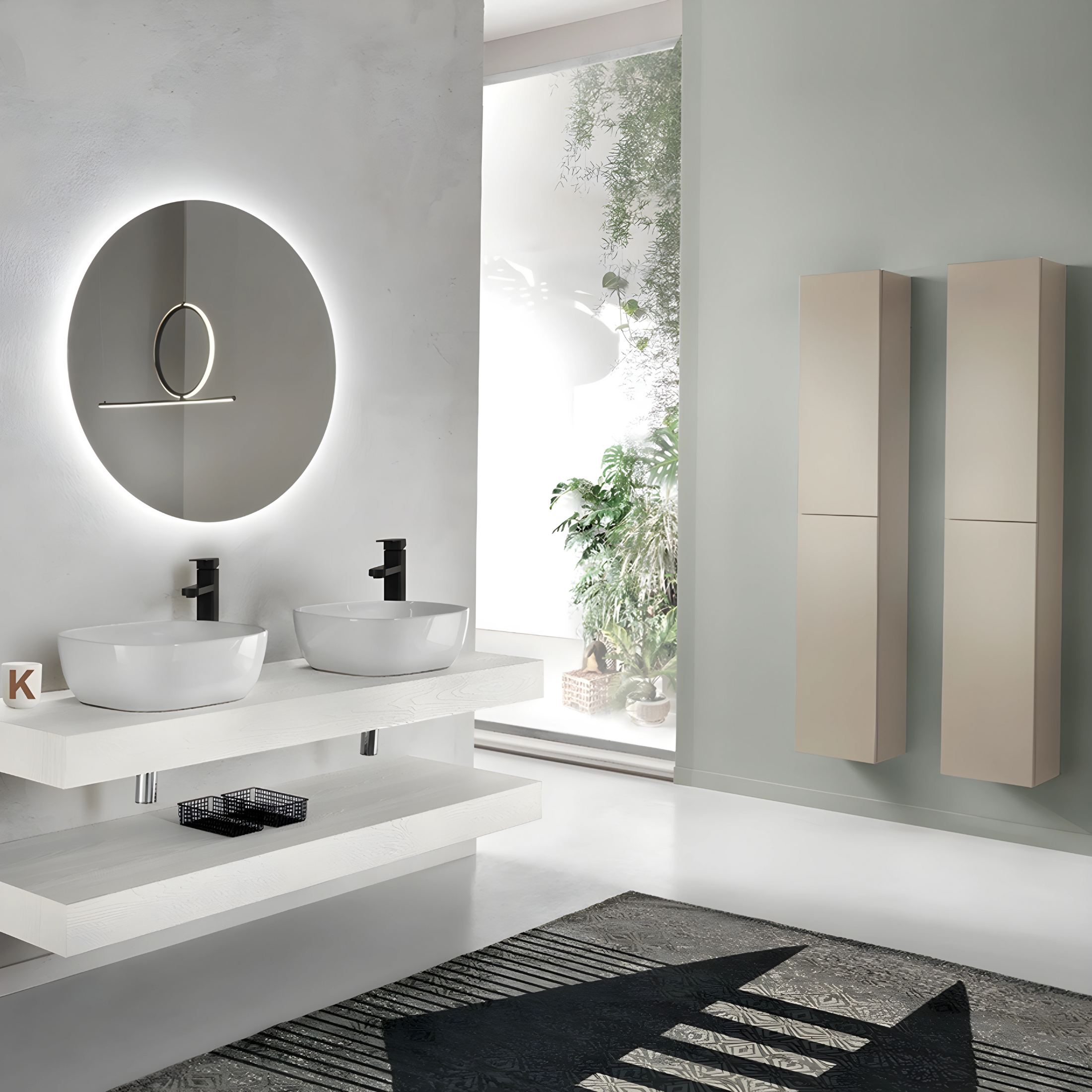 Meuble de salle de bain suspendu "Mixi l" 2 colonnes 2 vasques 2 plateaux miroir LED