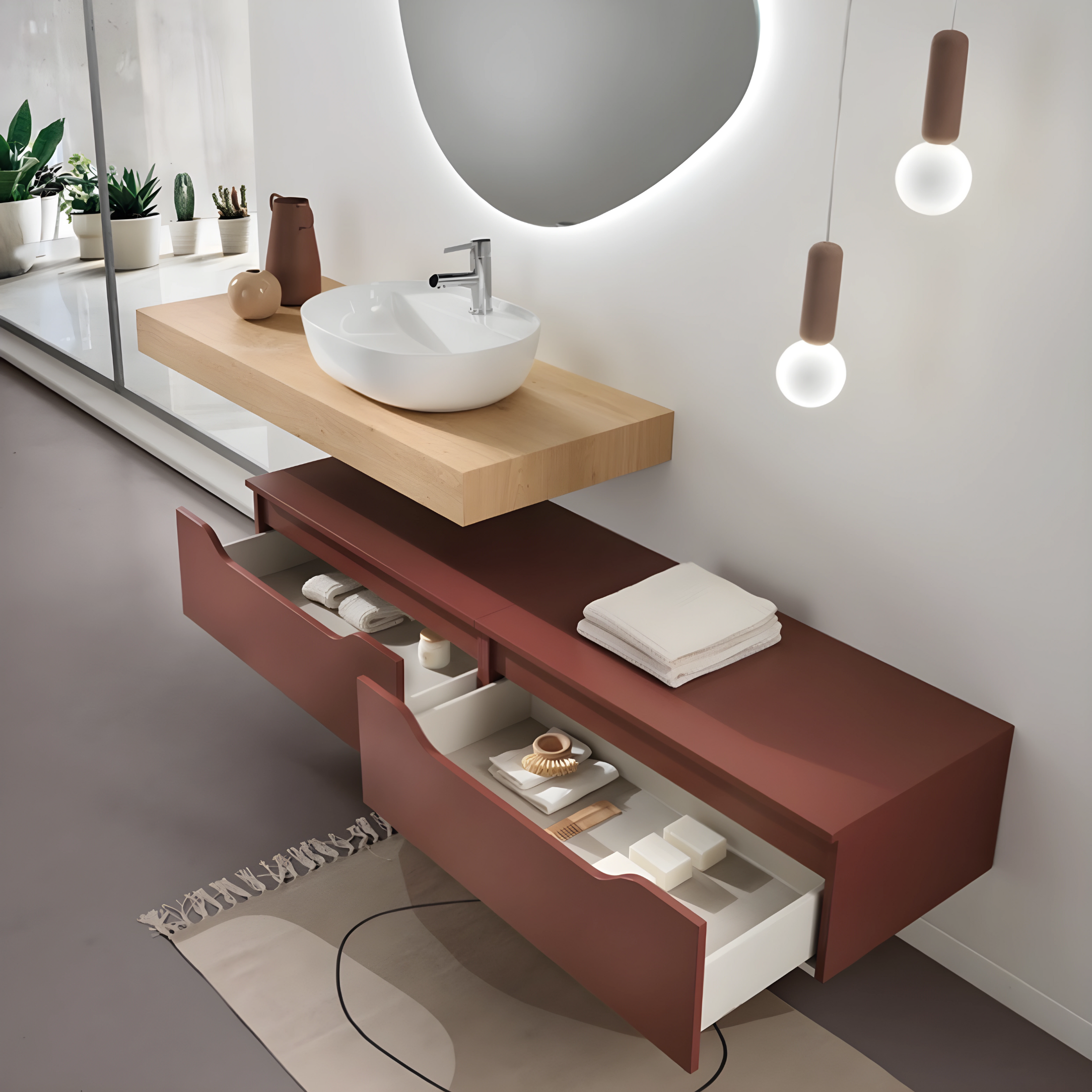 Meuble de salle de bain suspendu "Mixi m" 2 tiroirs lavabo miroir LED colonnes suspendues