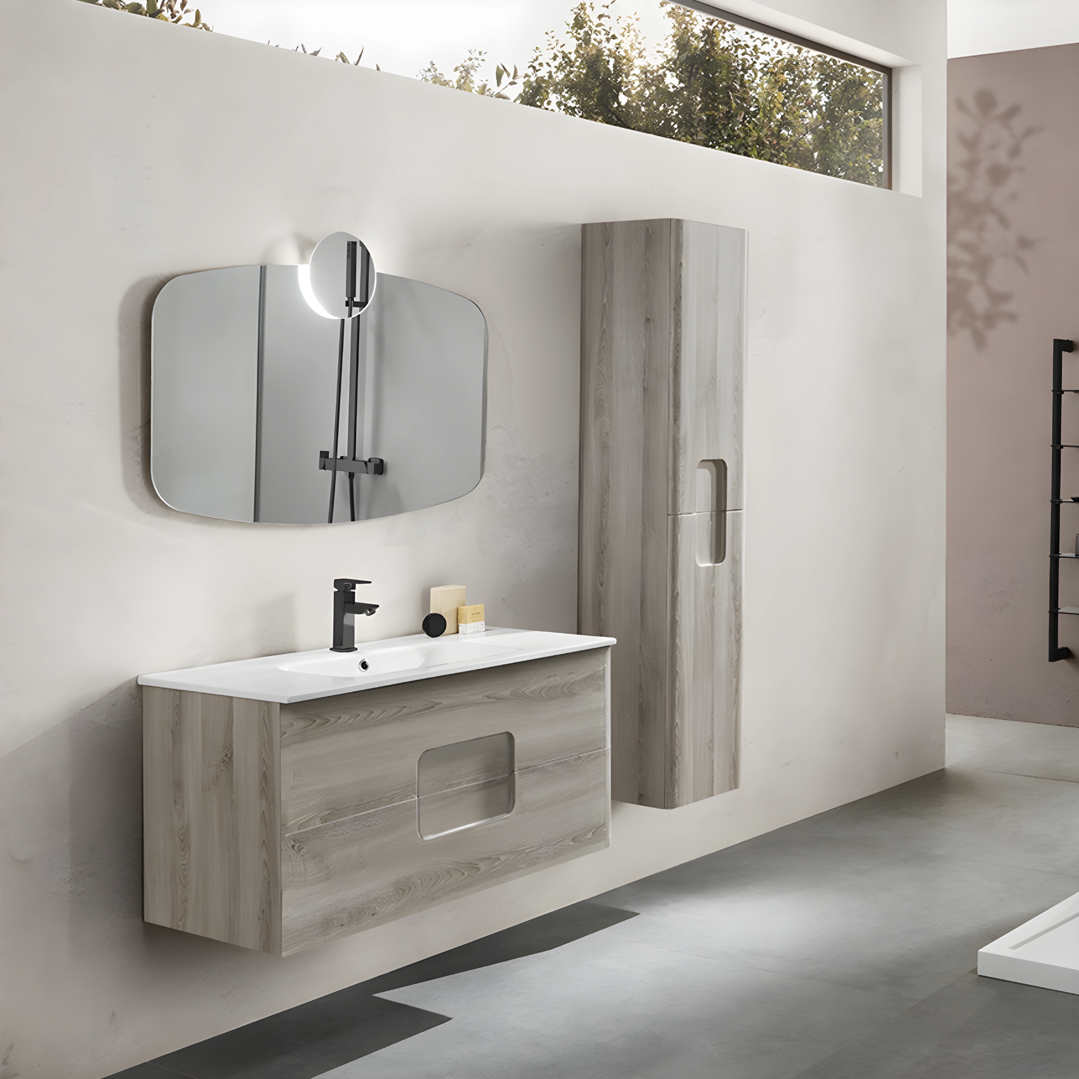 Mueble de baño suspendido "Arco120" 2 cajones, lavabo y espejo con columna