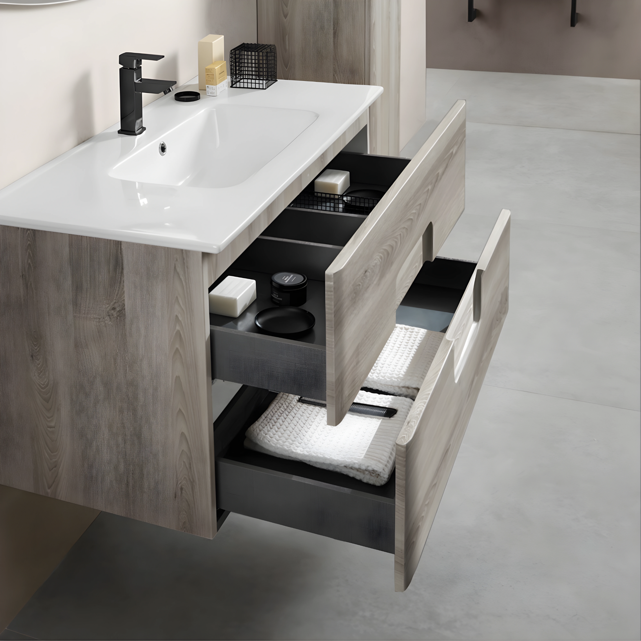 Mobile bagno sospeso "Jenna120" 2 cassetti lavabo e specchio con colonna