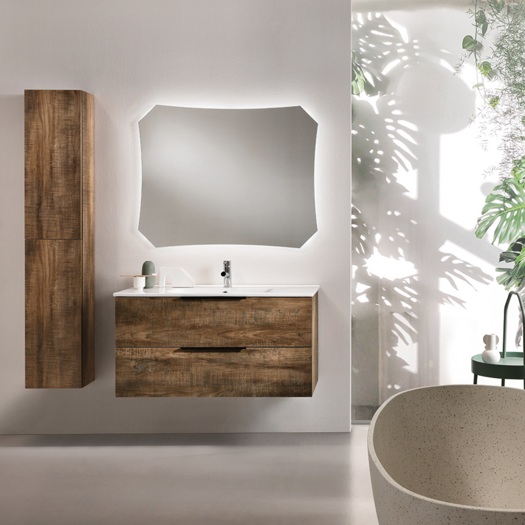 Mueble de baño suspendido "Bali 100" columna de lavabo con espejo LED 2 cajones