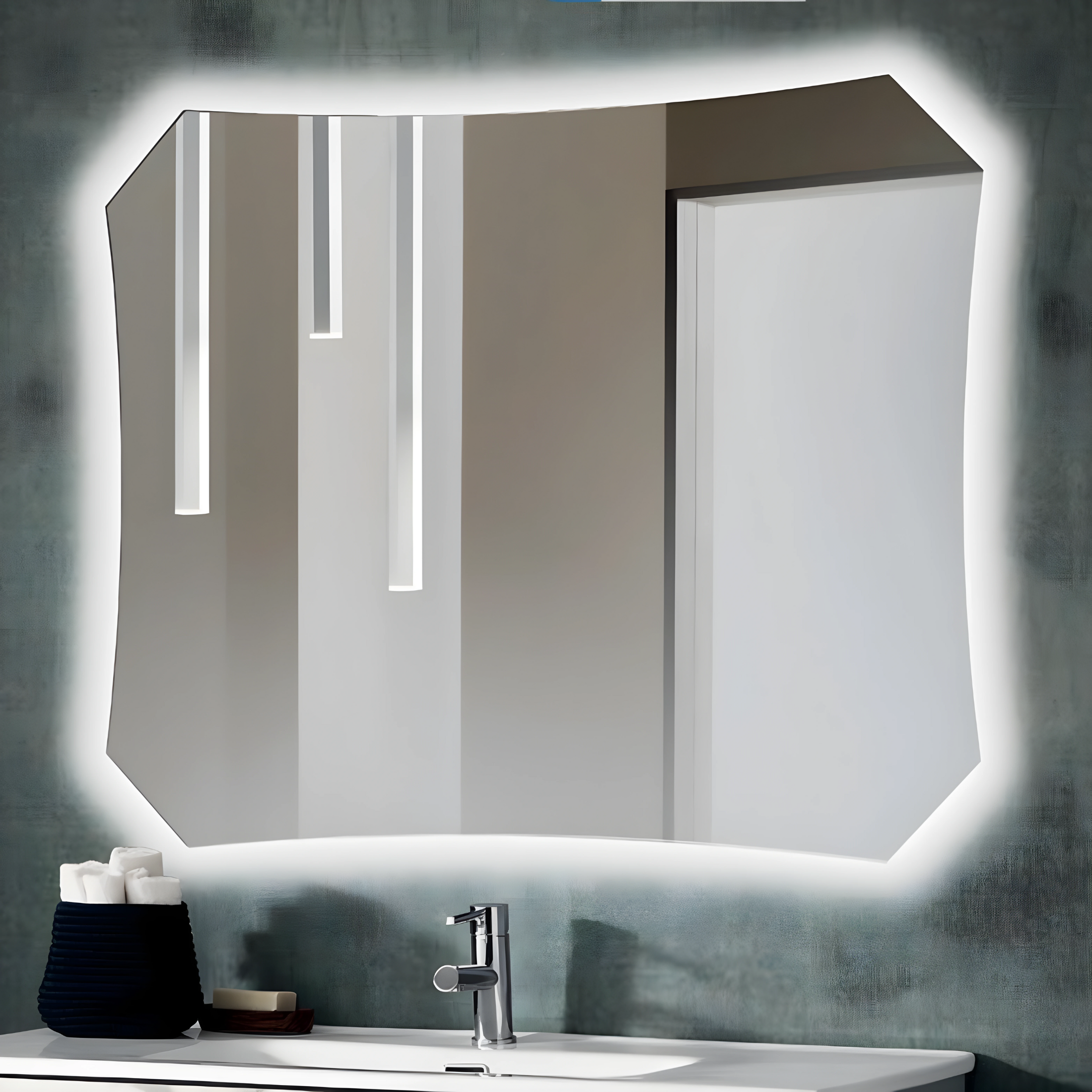 Mueble de baño suspendido "Bali 100" columna de lavabo con espejo LED 2 cajones