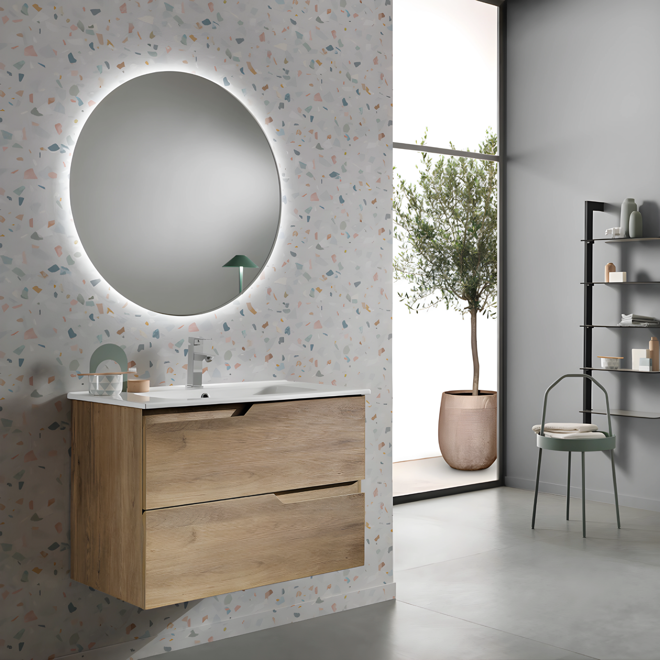 Mueble de baño suspendido "Bora 80" lavabo con espejo LED moderno 2 cajones