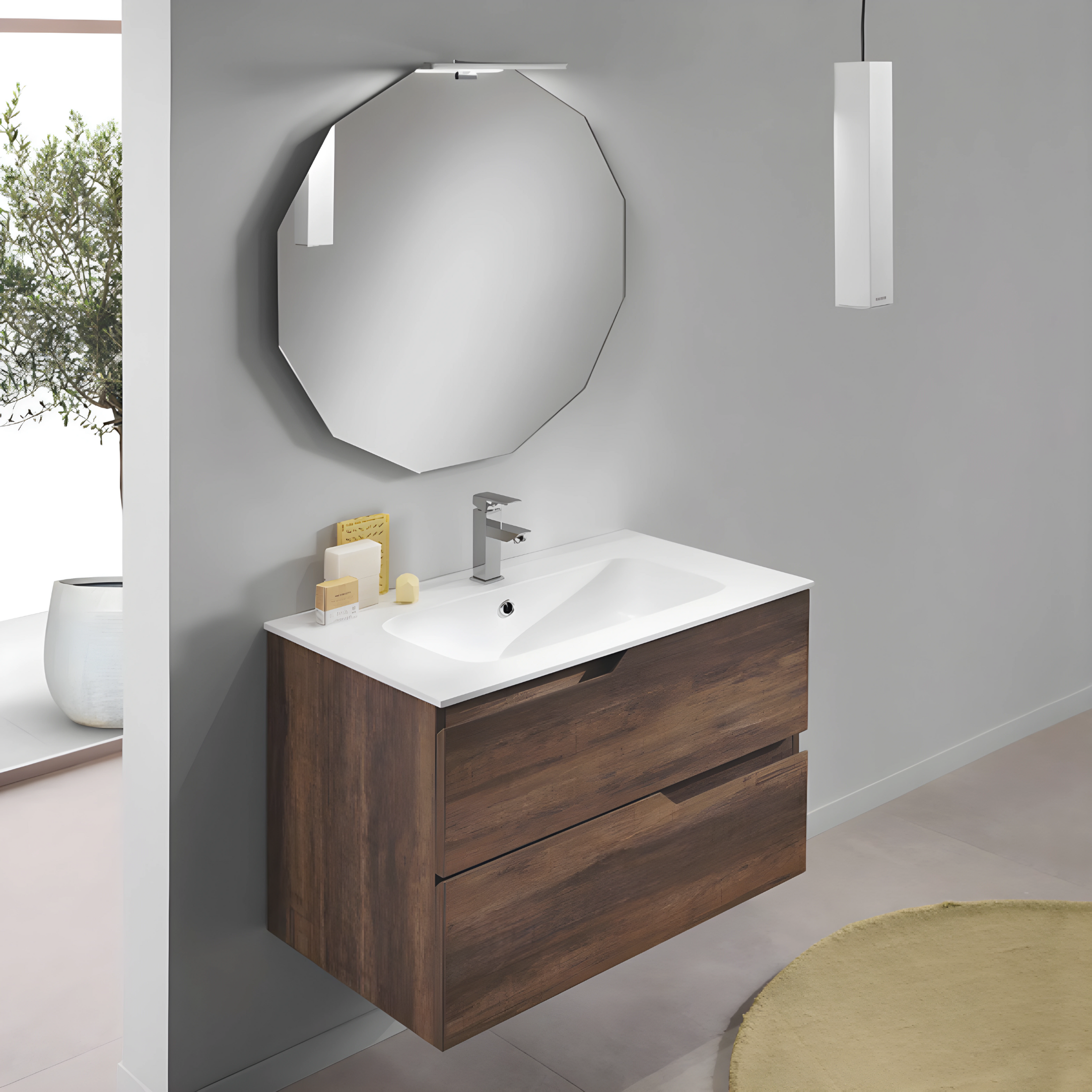 Mobile da bagno sospeso "Cuba" base 2 cassetti 80 cm con specchio e lavabo TEK