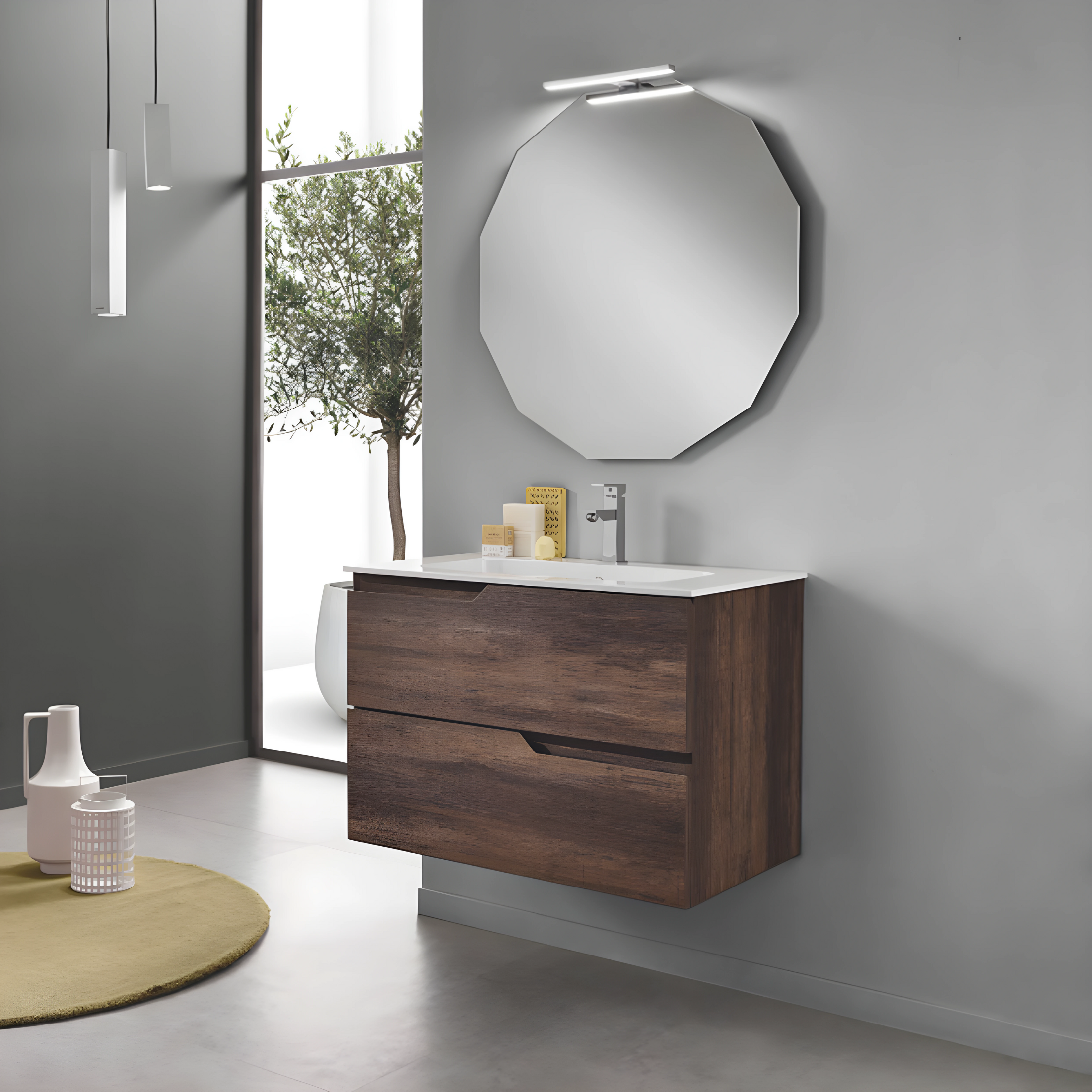 Mueble de baño suspendido "Bora 80" 2 cajones moderno espejo lavabo LED