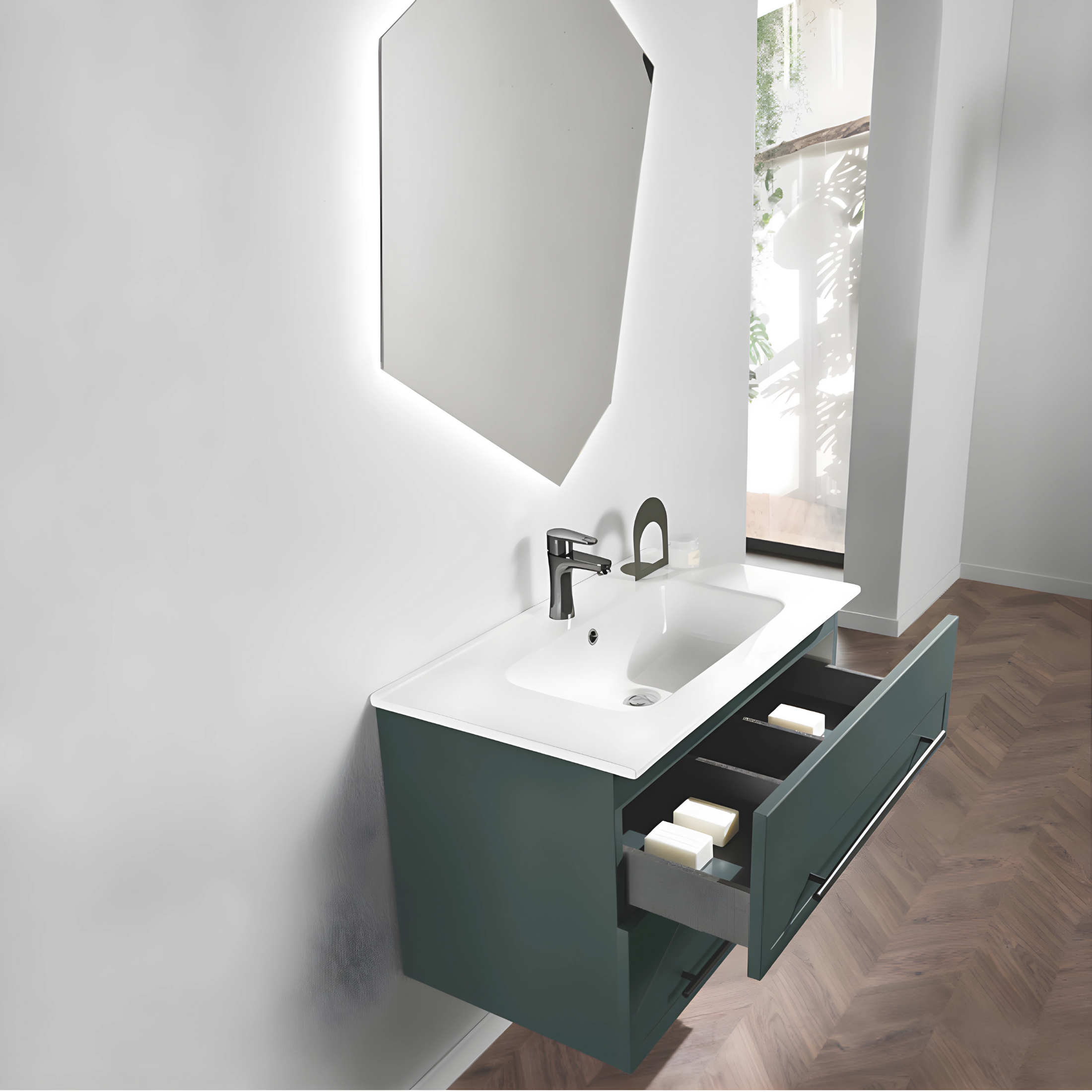 Mobile da bagno sospeso moderno "Zoe80" con  2 cassetti lavabo e specchio Led