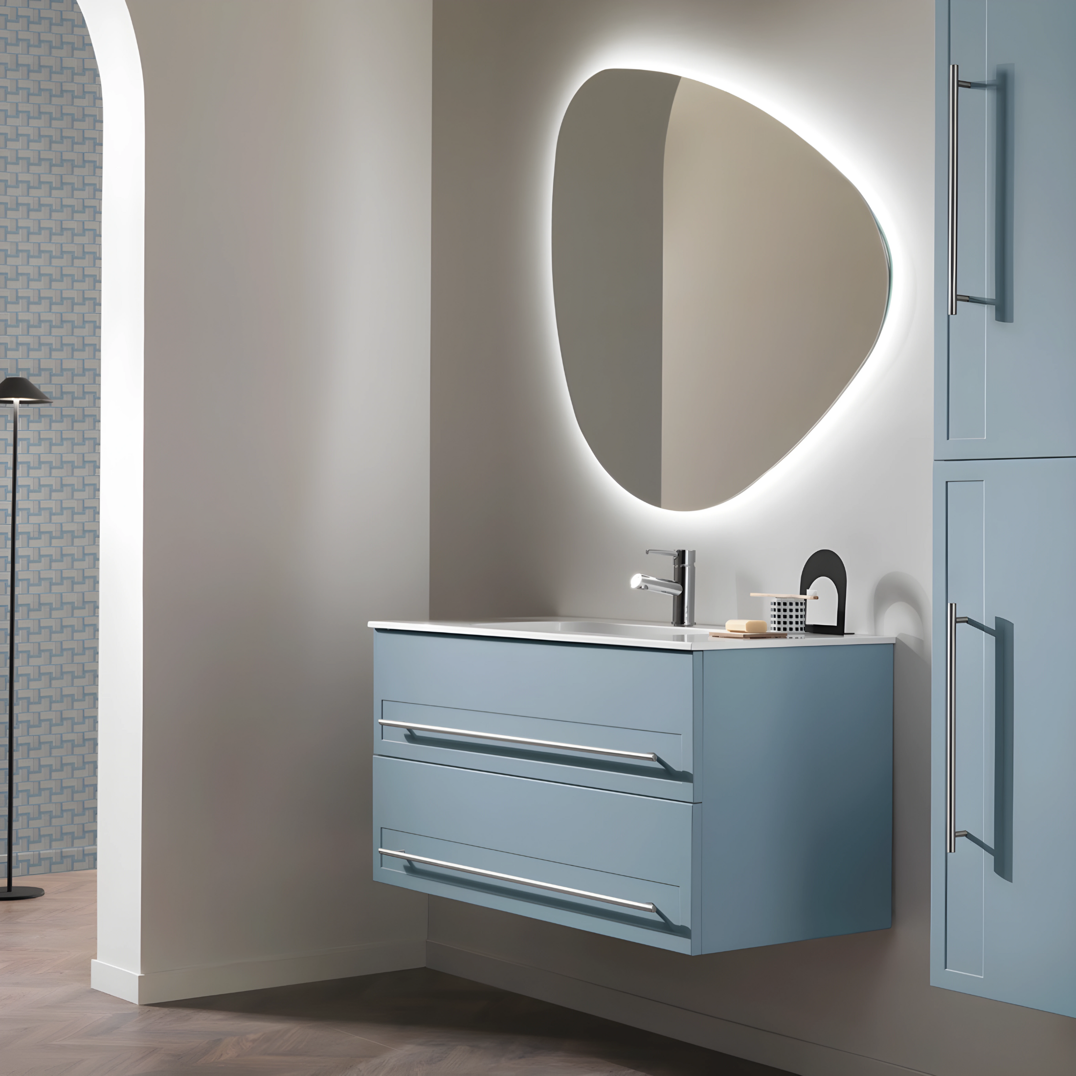 Mobile da bagno in legno 2 cassetti "Denim100" con lavabo e specchio Led