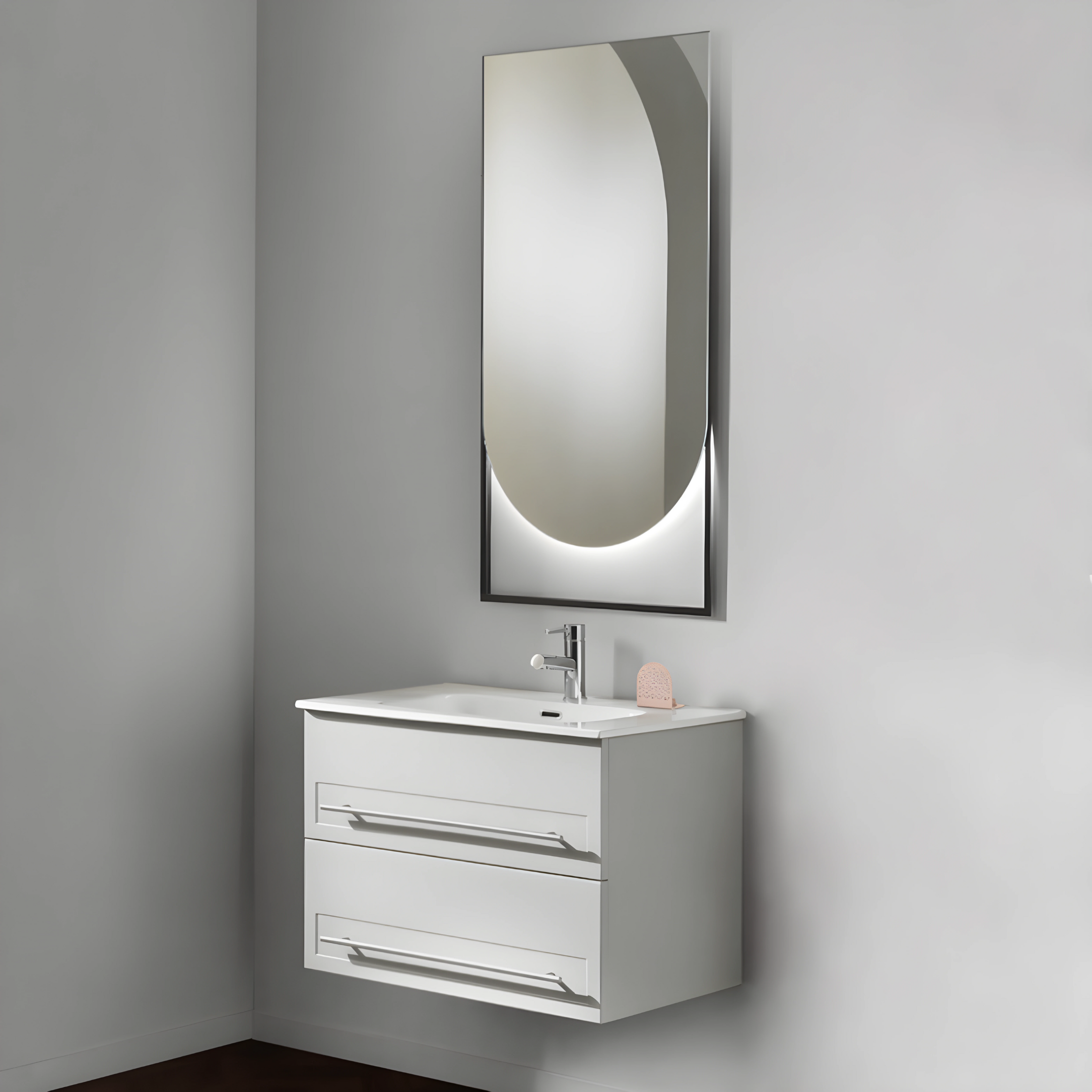 Mobile da bagno sospeso moderno "Benedict" con 2 cassetti lavabo e specchio Led