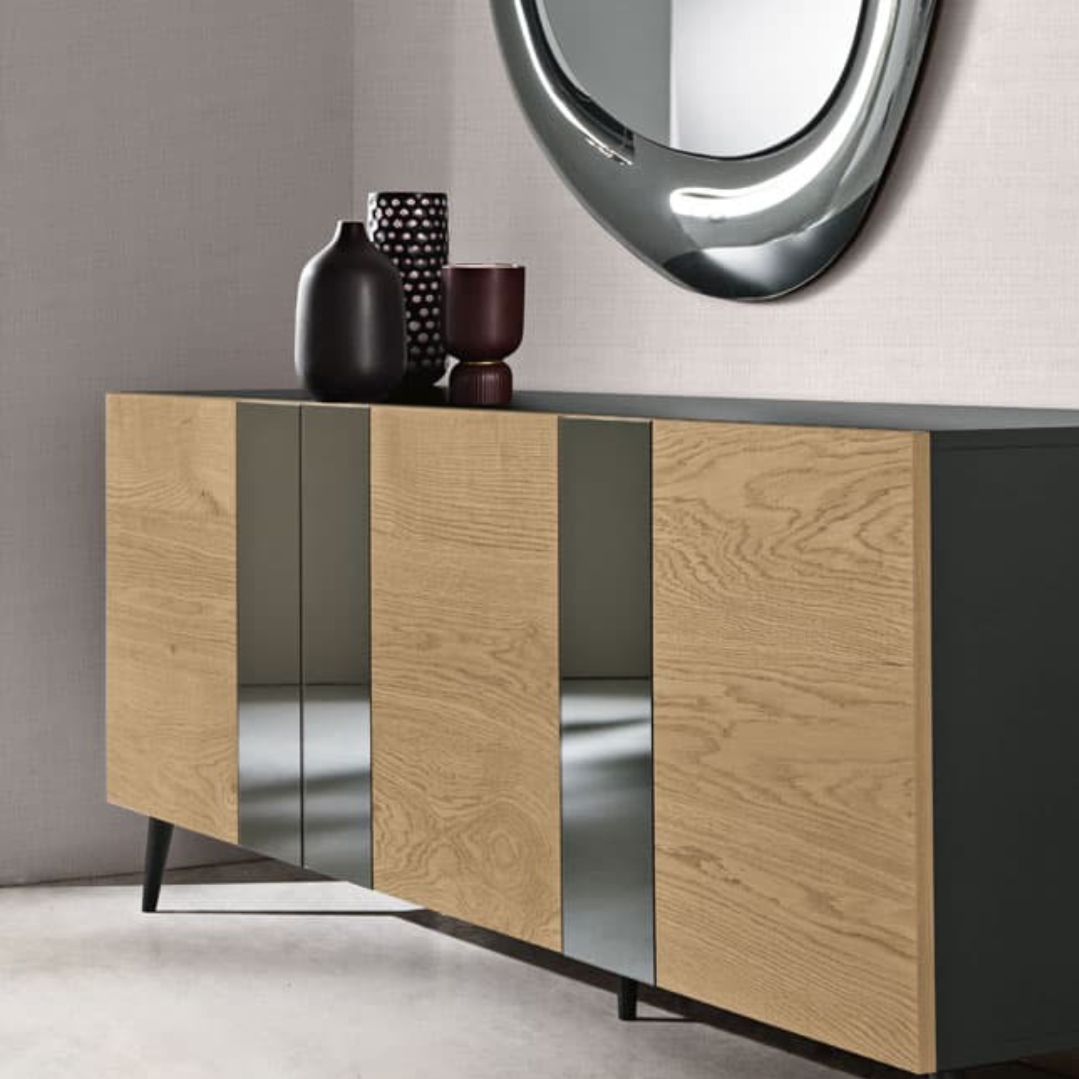Buffet moderne avec 3 portes déjà assemblées "Romeo" en bois avec inserts miroir 180x50 cm 80h