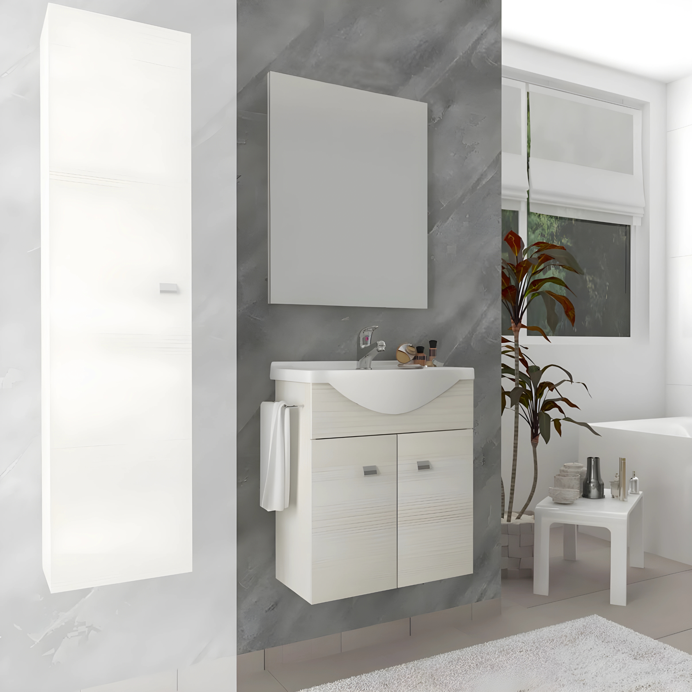 Mobile bagno sospeso "Moa55" con lavabo consolle e ante con maniglie cromate e specchio LED