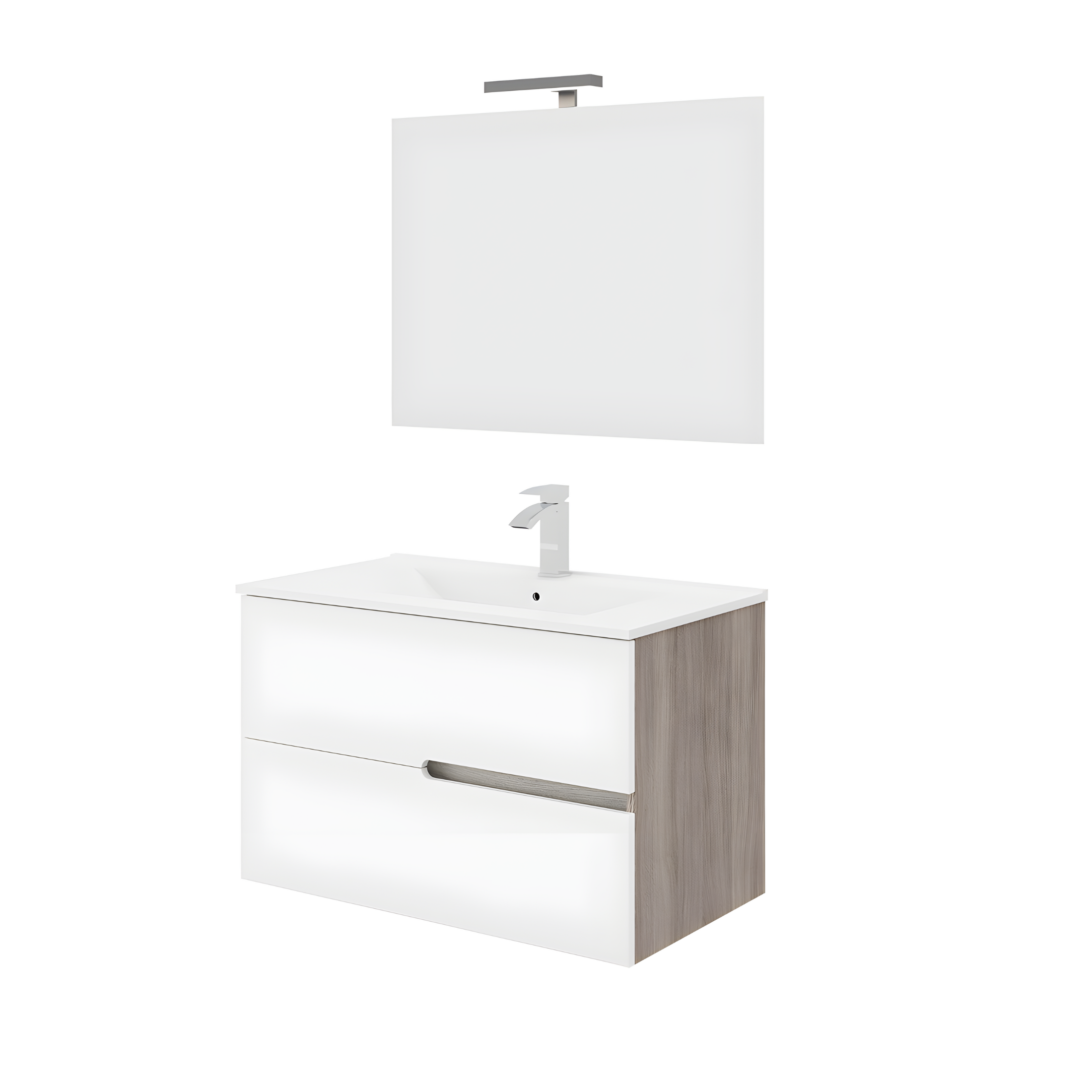 Mobile bagno sospeso moderno "Sara" in legno con 2 cassetti lavabo e specchio LED