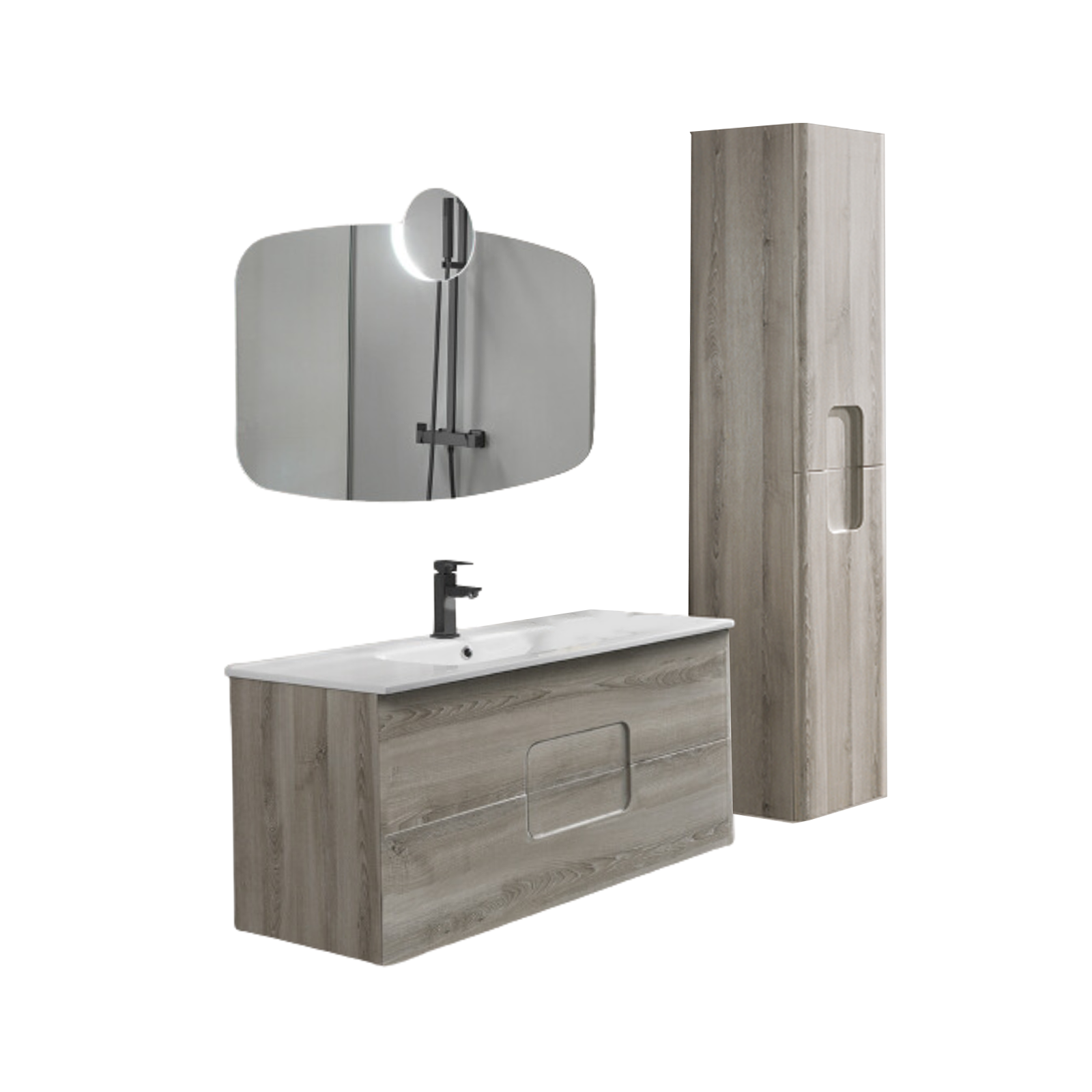 Meuble de salle de bain suspendu "Arco120" 2 tiroirs, lavabo et miroir avec colonne