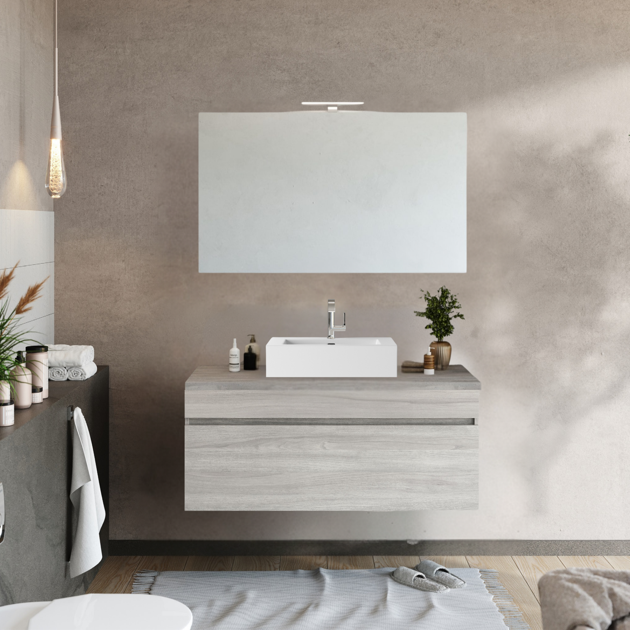 Mobile da bagno sospeso moderno "Velira1" in legno con top e specchio LED