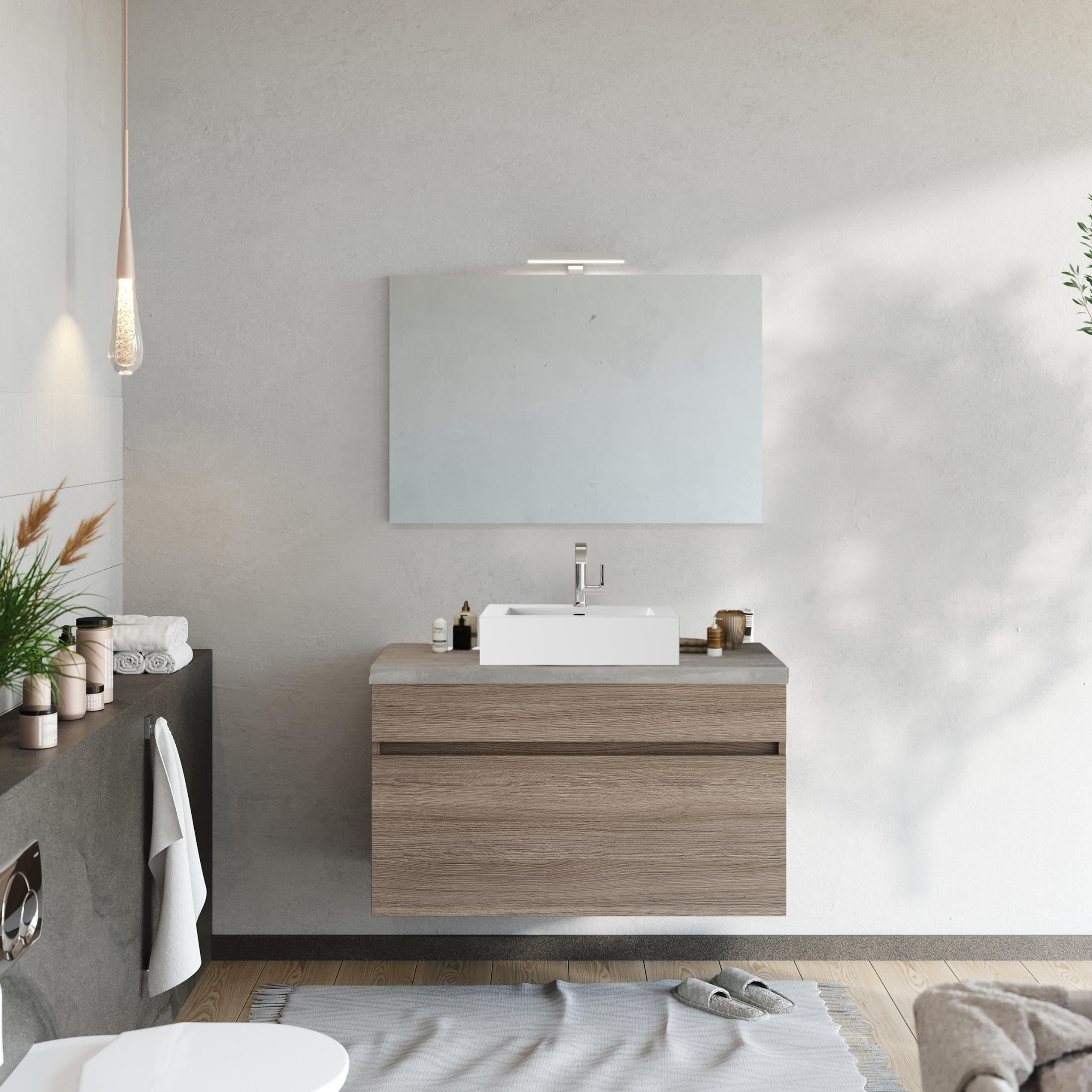 Mobile da bagno sospeso moderno "Velira1" in legno con top e specchio LED