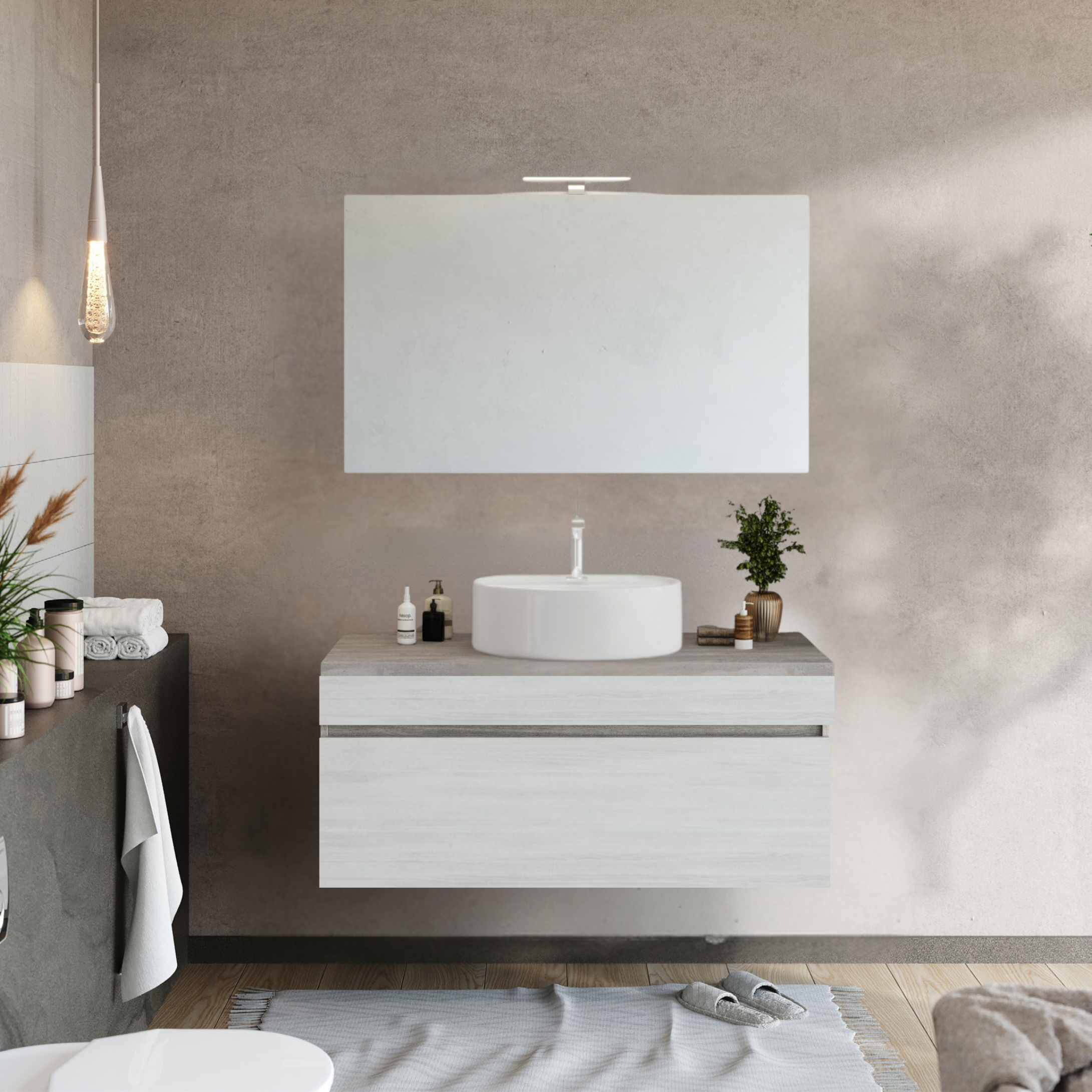 Mobile da bagno sospeso moderno "Velira1" in legno con top e specchio LED