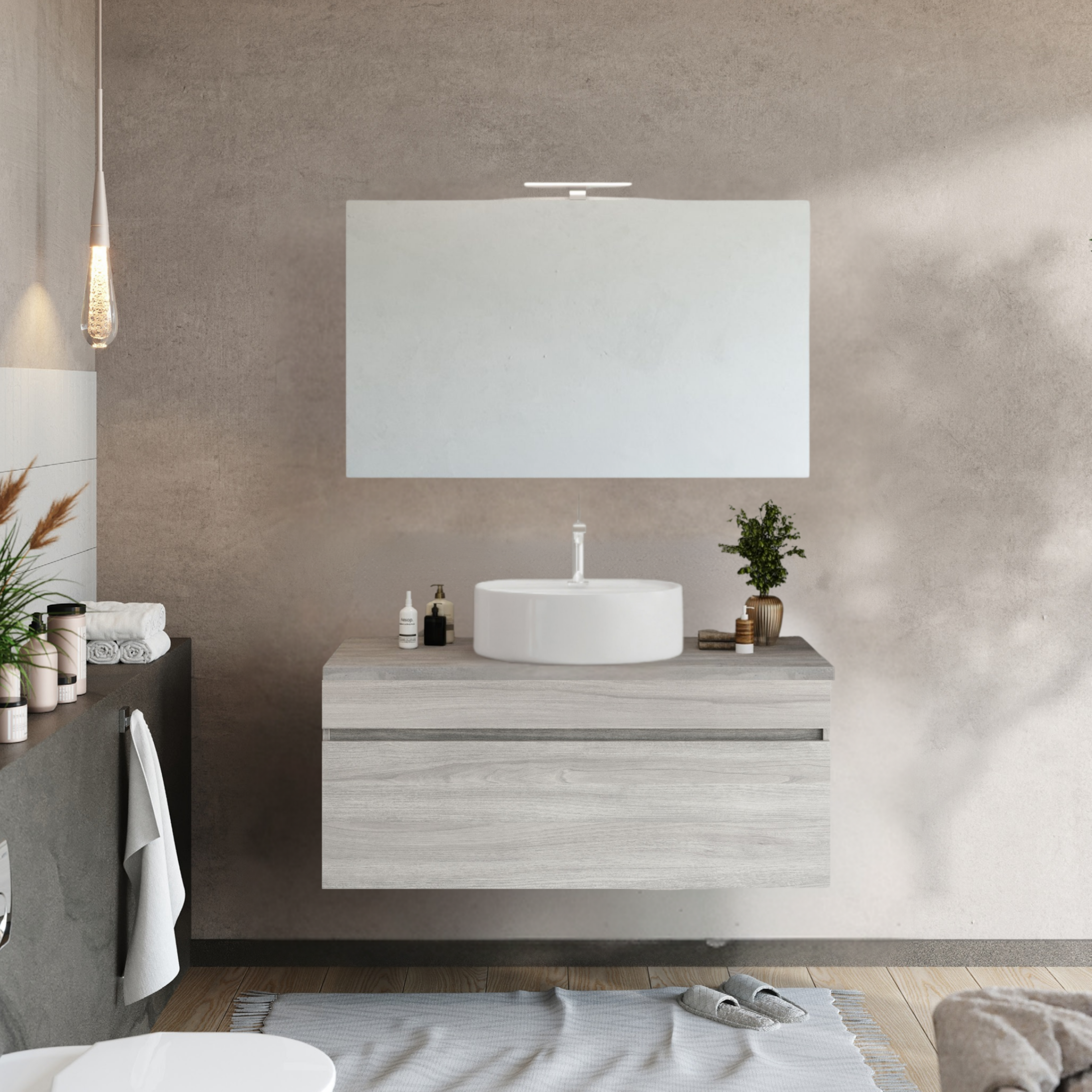 Mobile da bagno sospeso moderno "Velira1" in legno con top e specchio LED