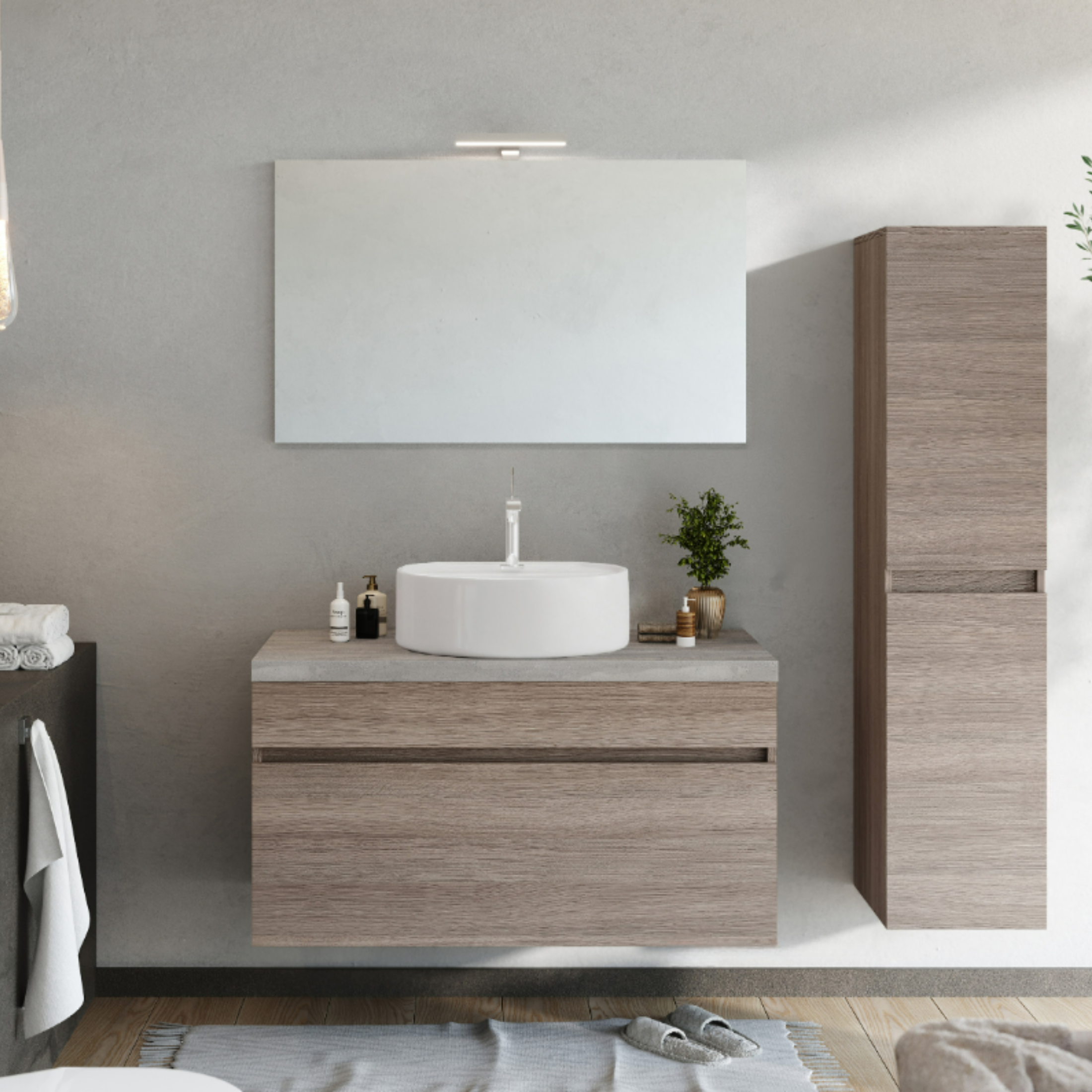 Mobile da bagno sospeso moderno "Velira1" in legno con top e specchio LED