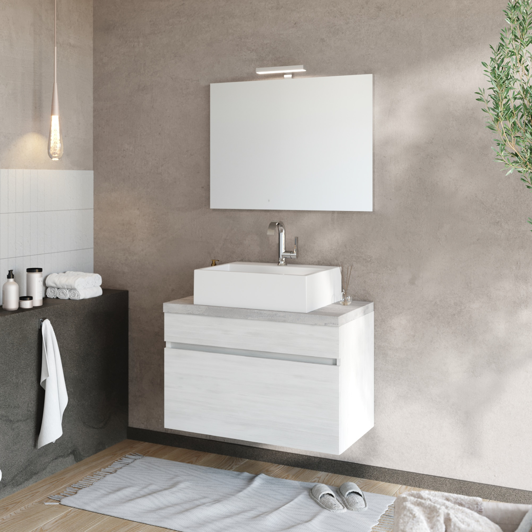 Mobile da bagno sospeso moderno "Velira1" in legno con top e specchio LED